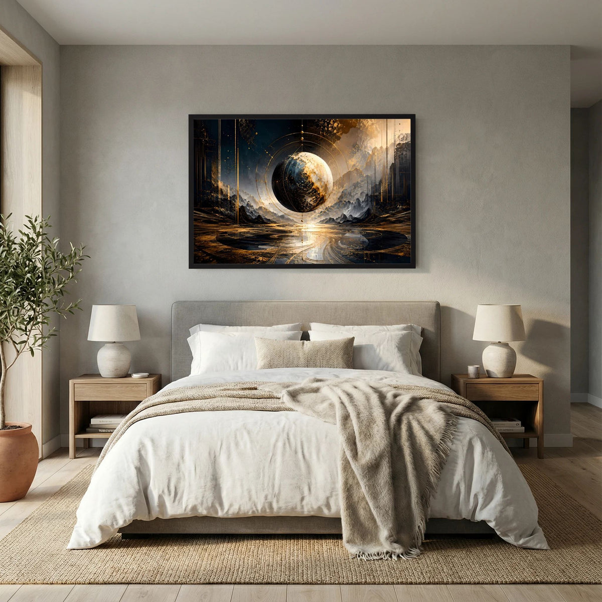Weltkugel-Poster mit Planeten­sphäre in Gold-Schwarz und Lichtbogen, schwarzer Rahmen