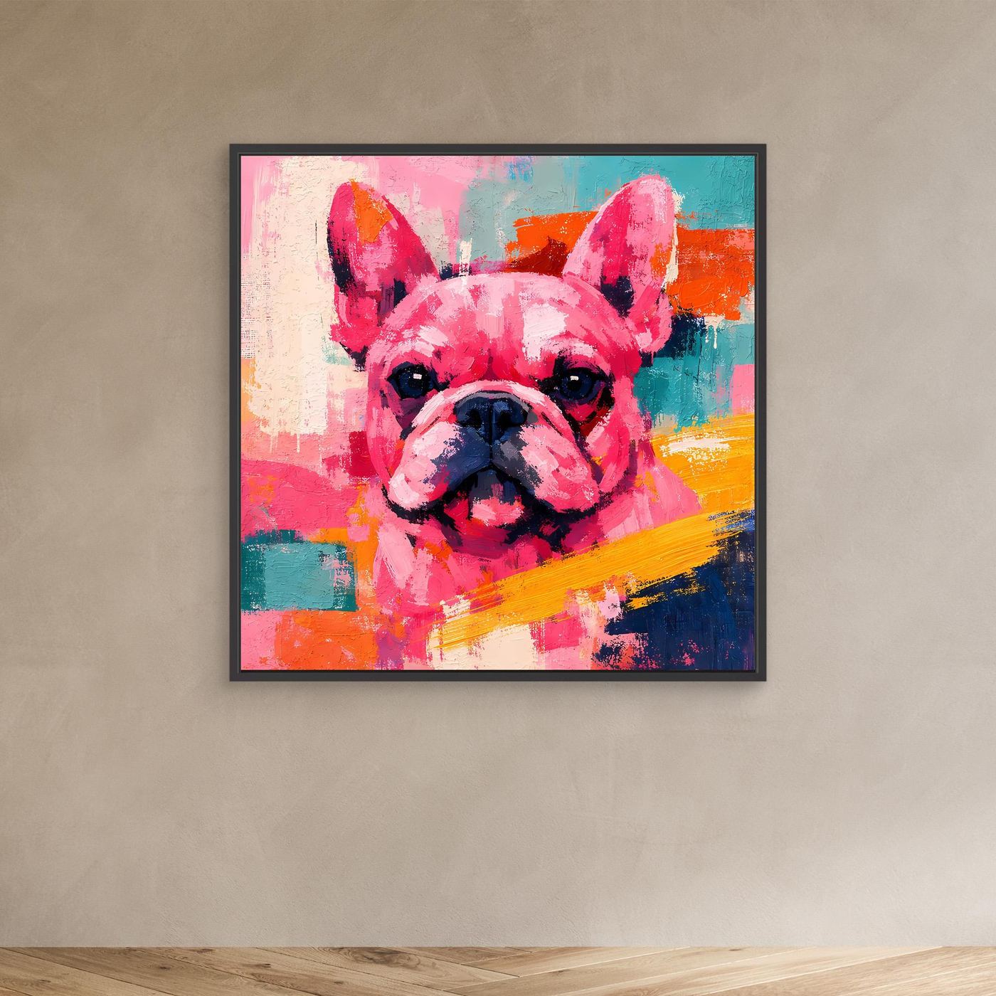 Kleines Farbenfrohes Leinwand-Wandbild mit Porträt einer Französischen Bulldogge im schwarzen Rahmen