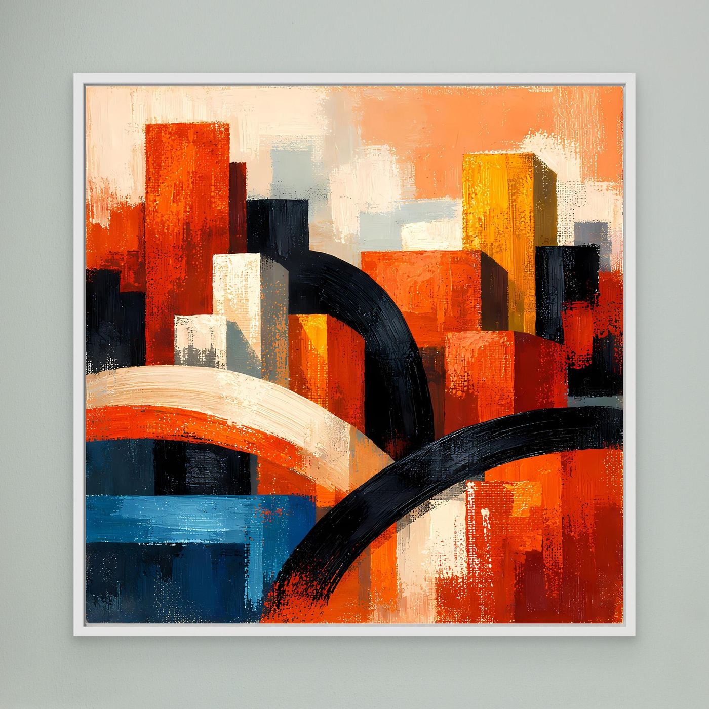 Abstraktes Skyline-Leinwandbild im weißen Rahmen: orange, rot und blau, mit schwarzer Bogenlinie.