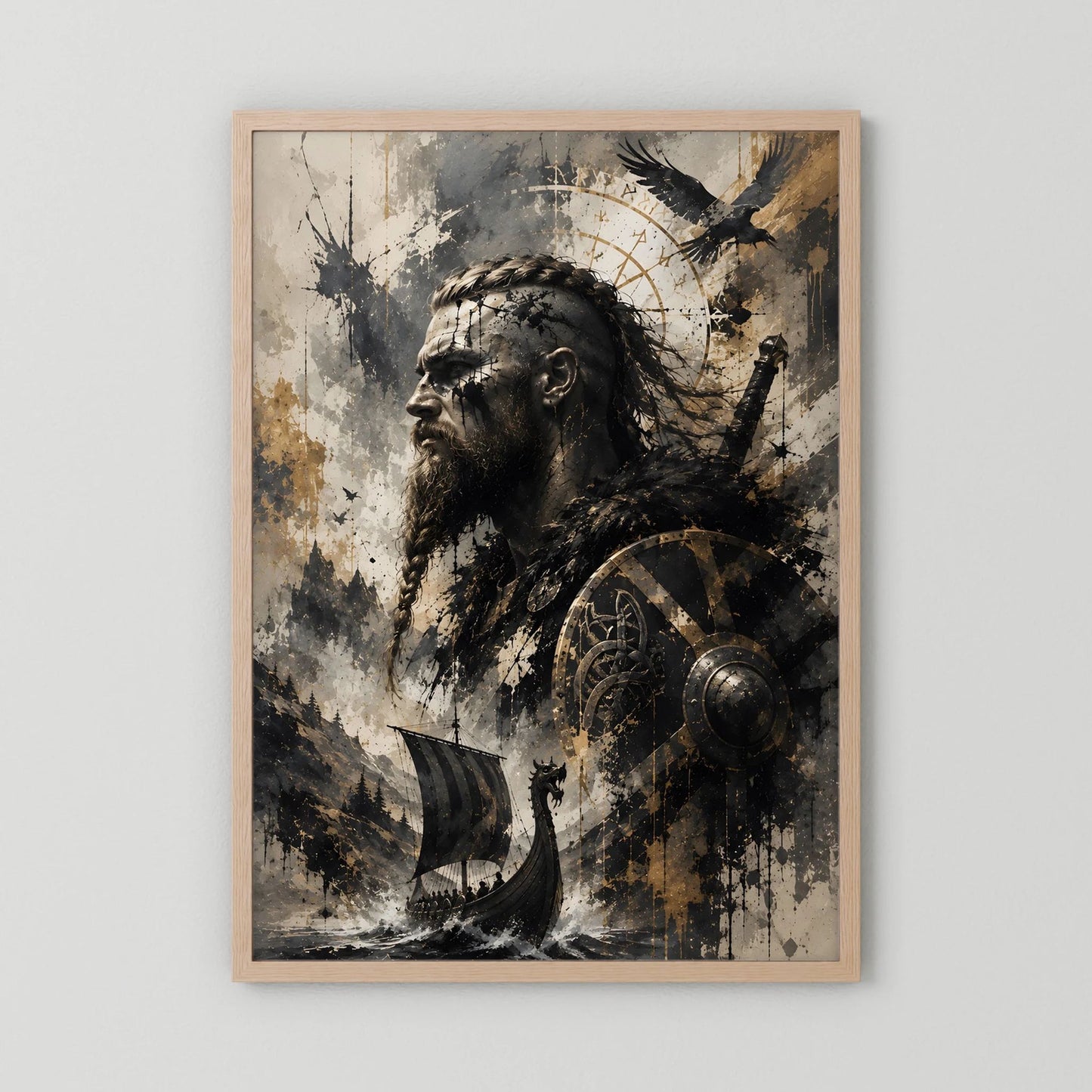 Wikinger-Krieger-Poster im Hochformat mit Holzrahmen, Krieger mit Schild und Speer.