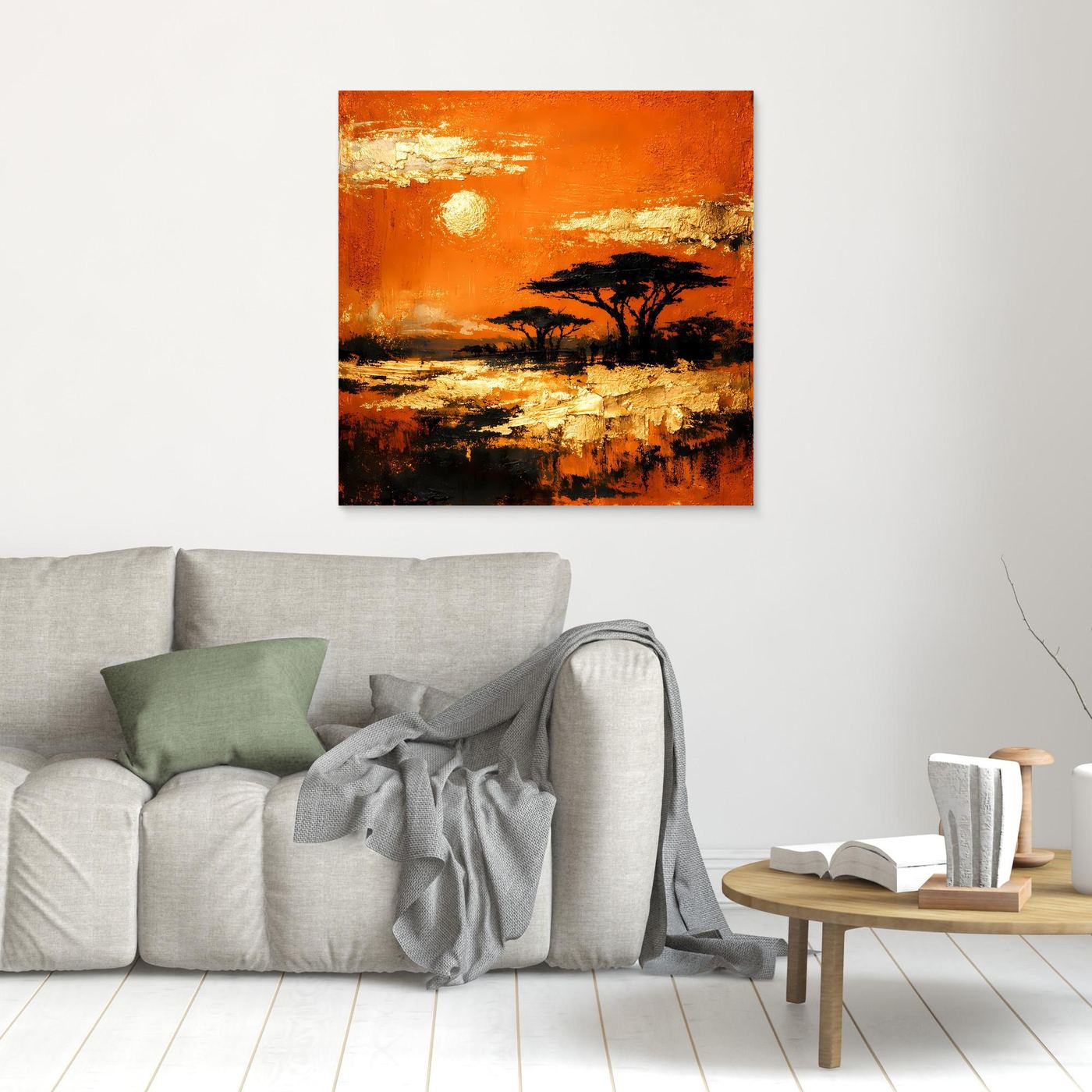 Leinwand Abstraktes Savannen-Panorama | Modernes Afrika Wandbild in Orange und Goldblättern