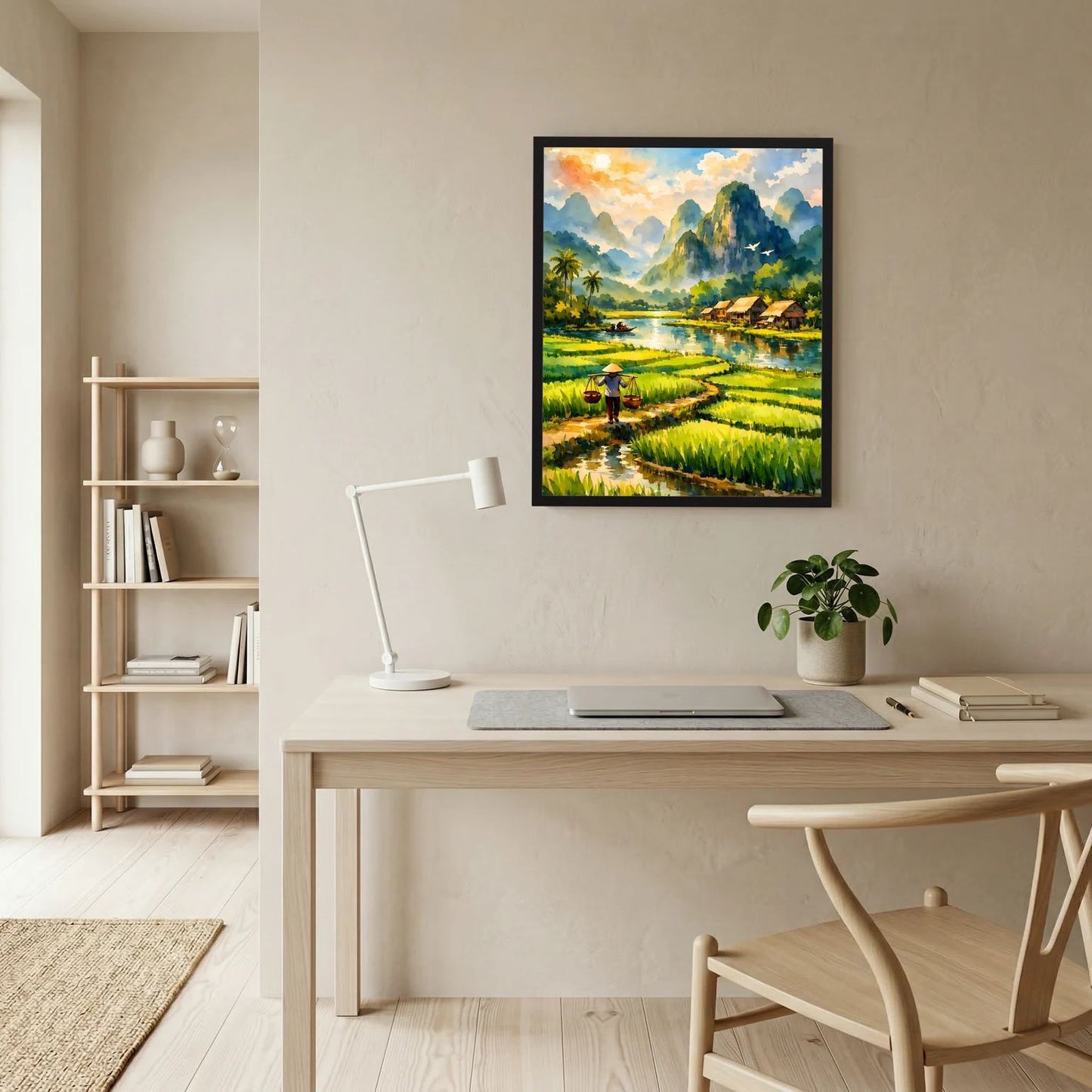 Wandbild mit Reisfeldern, Flusslauf und Dorf am Ufer in tropischer Landschaft