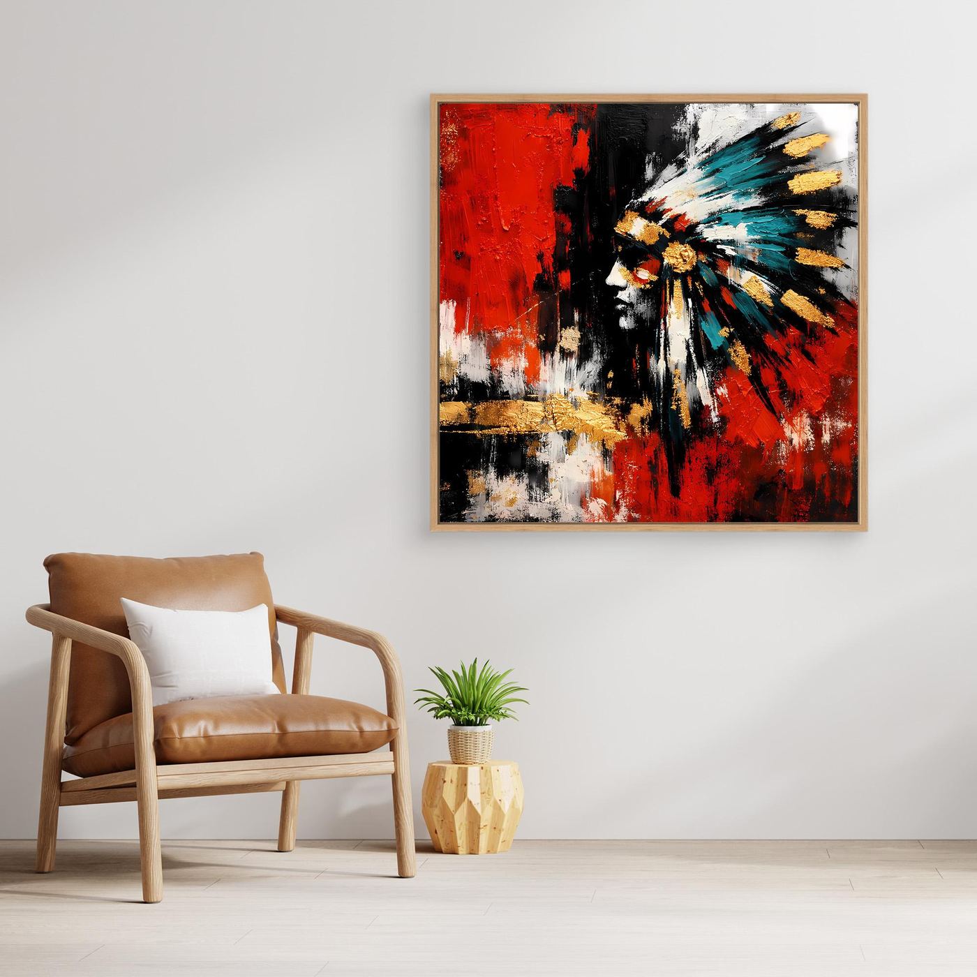 Leinwand-Wandbild mit Rahmen: abstraktes Porträt in Rot, Schwarz, Türkis
