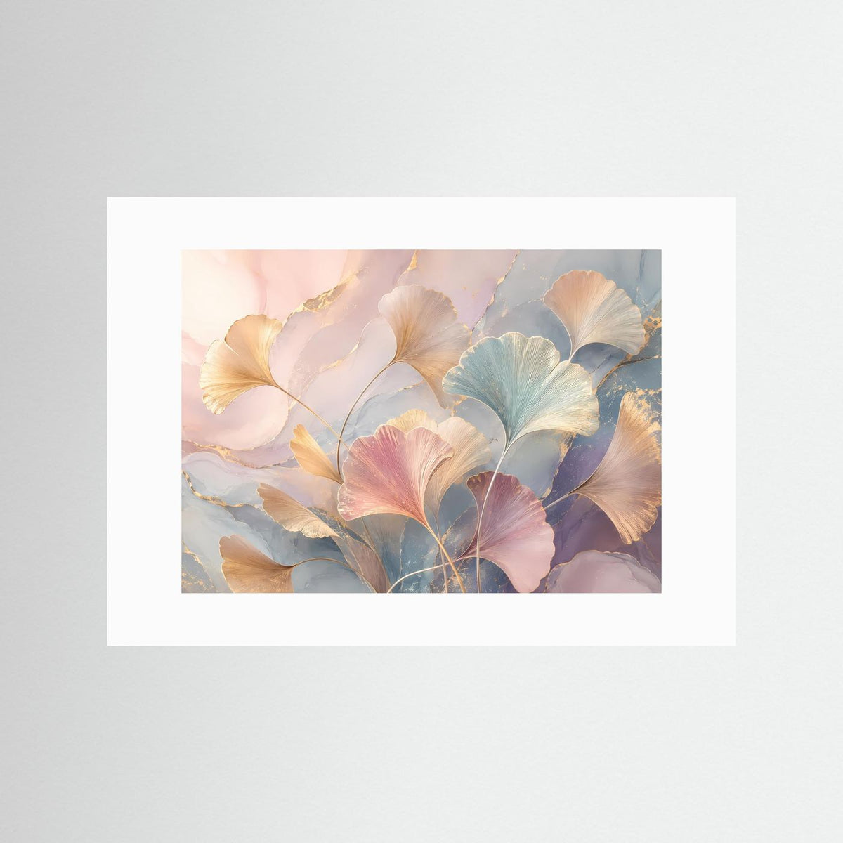 Abstraktes botanisches Poster mit Ginkgo-Blättern in Pastellfarben, mit weißem Passepartout