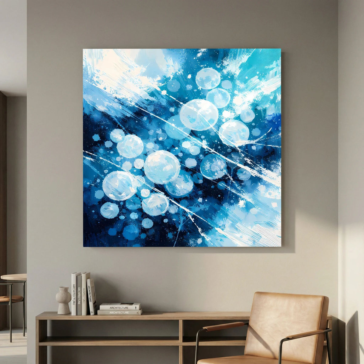 Abstraktes Leinwand-Wandbild: blaue Blasenwolken, Lichtreflexe und diagonale Striche