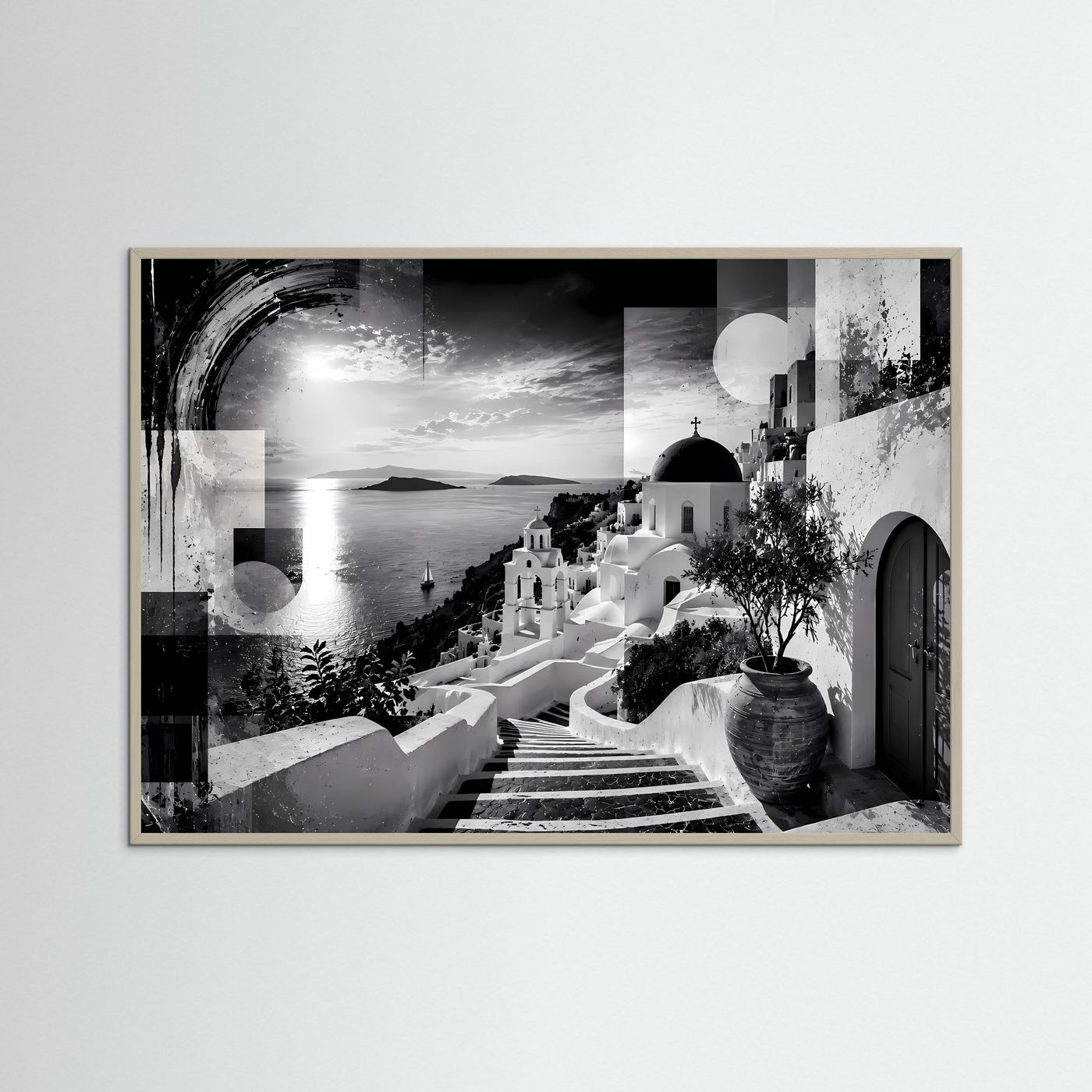 Santorini in Schwarz-Weiß | Abstrakte Griechenland Wandkunst mit Meerblick