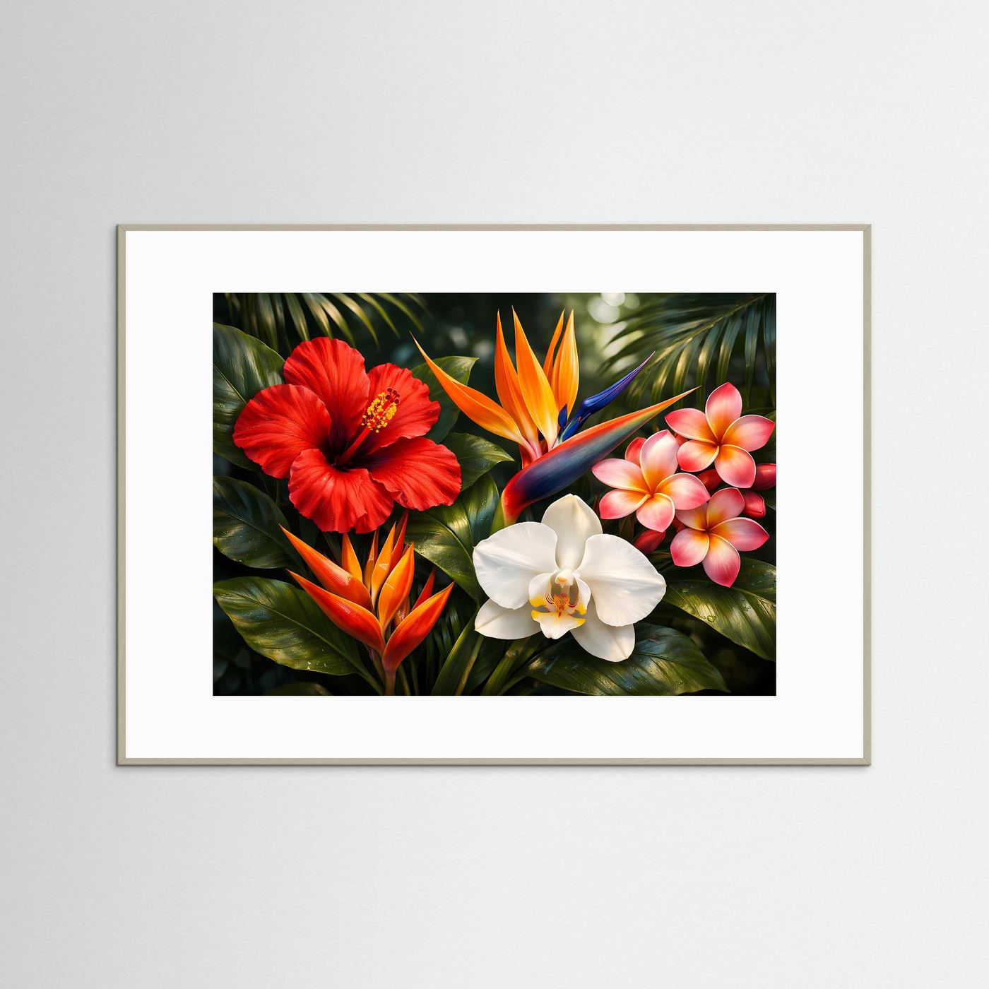 Naturposter Tropenblüten: Hibiskus, Strelitzie und weiße Orchideenblüte, Querformat, grauer Rahmen.