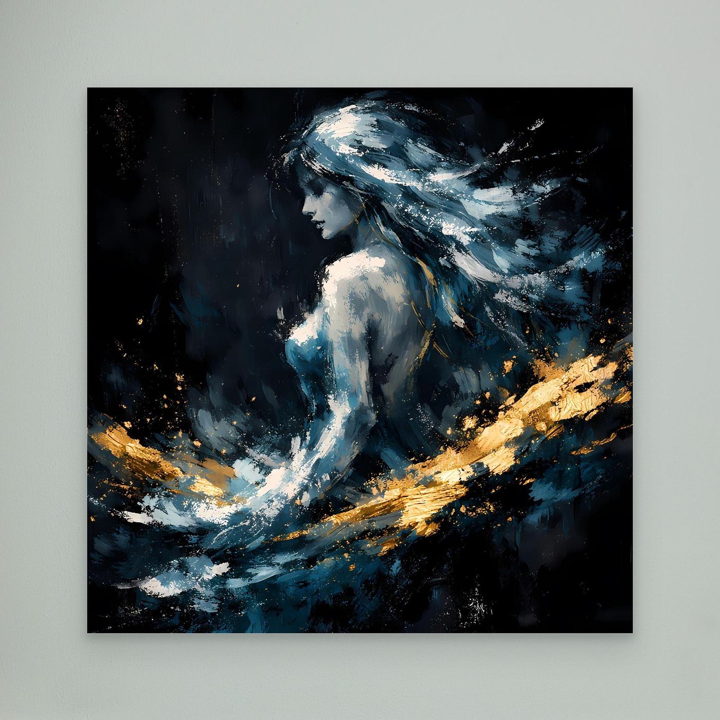 Leinwand Mystische Frauen-Figur in Blau und Gold | Modernes Abstraktes Fantasie Wandbild