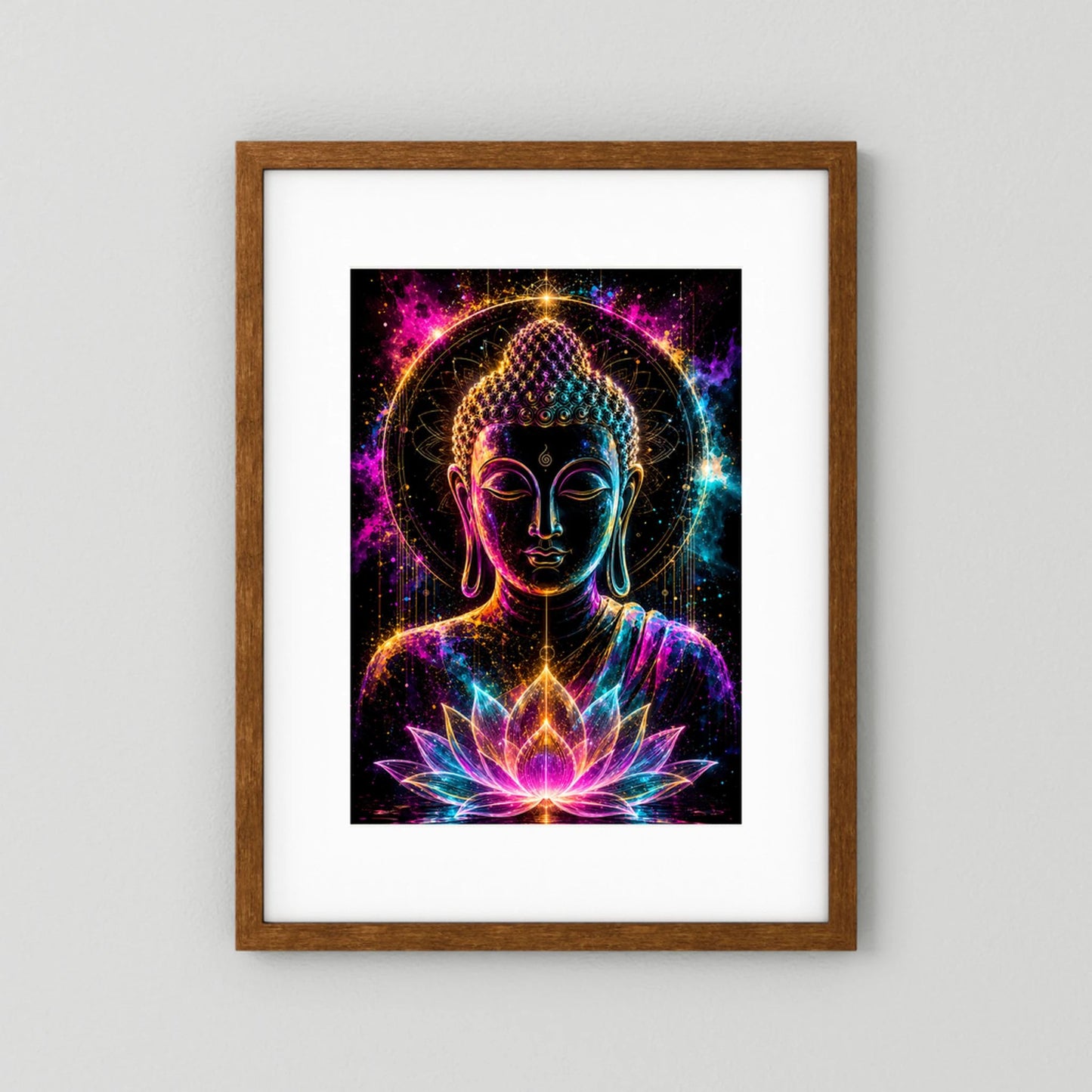 Kunstposter mit Buddha im Neon-Look und Lotusblüte, Holzrahmen mit hellem Weißrand