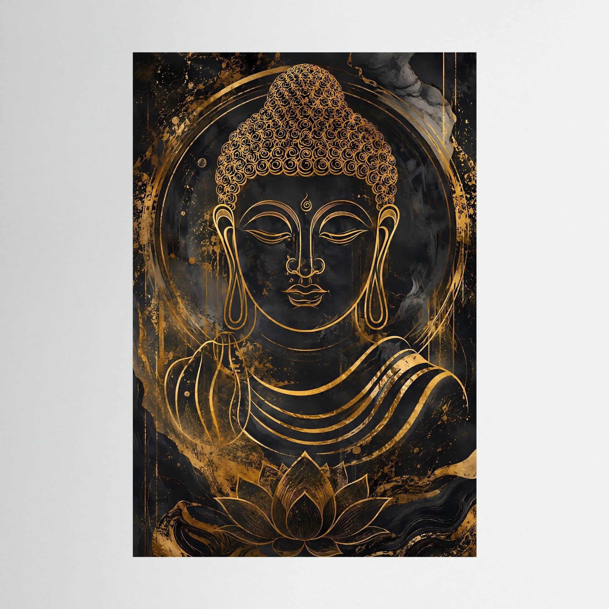 Buddha-Poster im Hochformat mit goldener Büste und Lotusmotiv auf dunklem Hintergrund