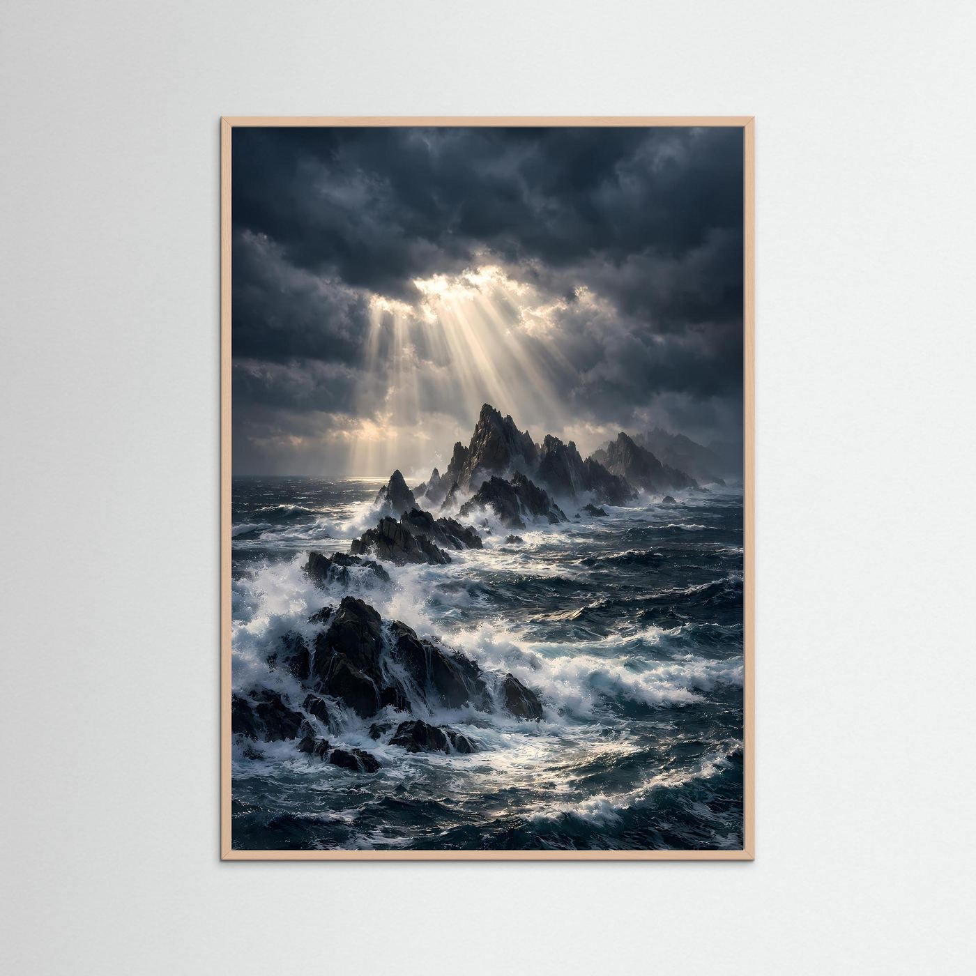 Hochformat-Ozeanposter mit Klippen, Lichtstrahlen und tobender See im goldbraunem Holzrahmen