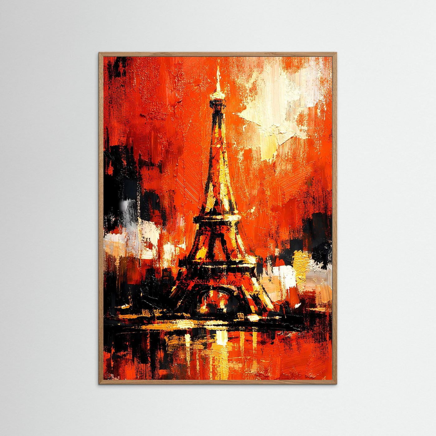 Gerahmtes Kunstposter: abstrakter Eiffelturm mit goldfarbenen Tropfen und kontrastreichen Schwarzflächen