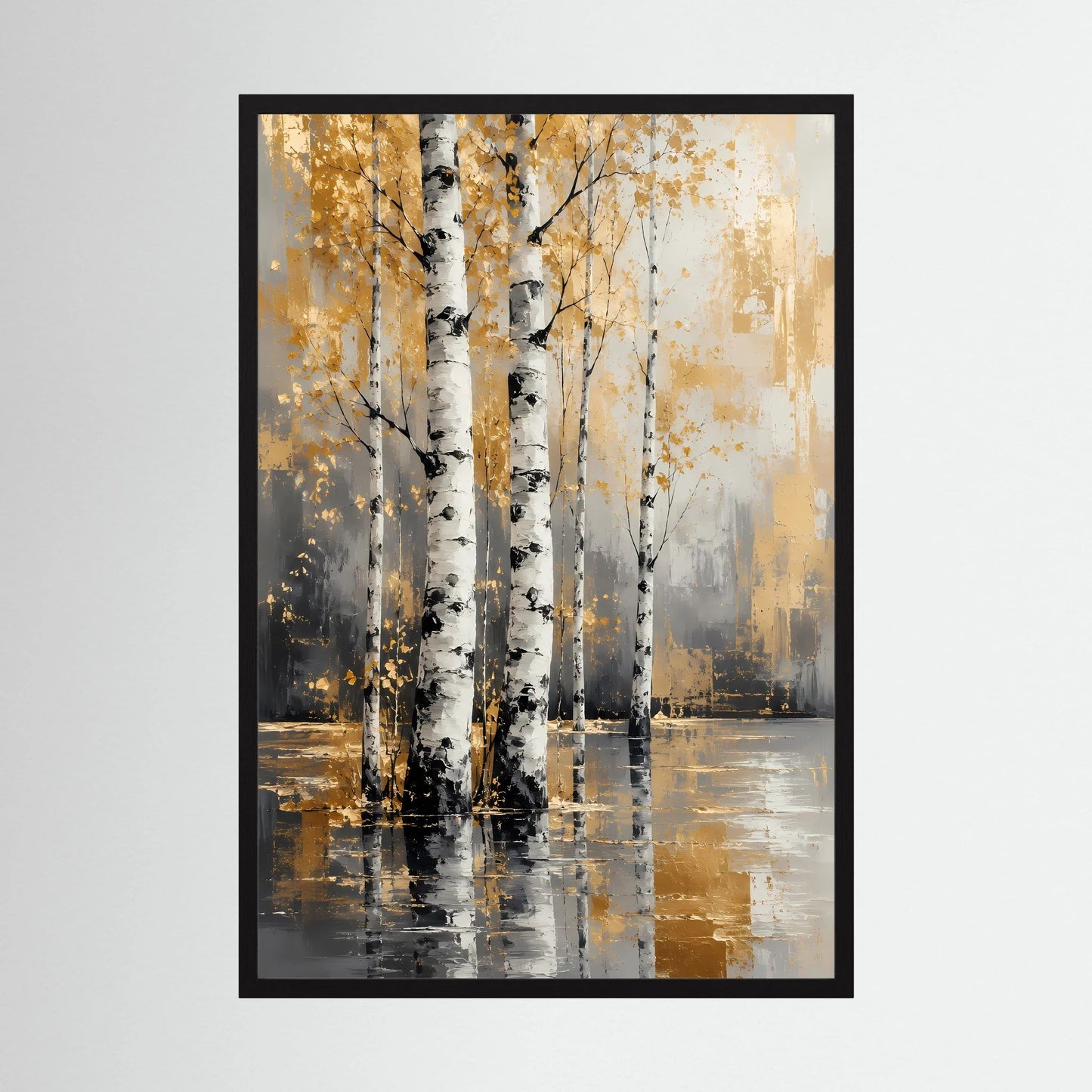 Hochformat-Poster: abstrakte Birken mit Goldtönen und Wasser-Spiegelung, schwarz gerahmt