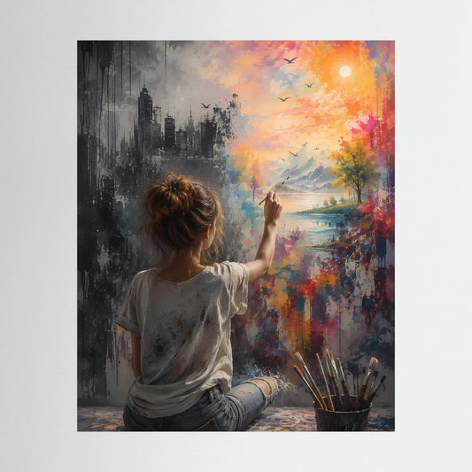 Hochformat-Poster mit Motiv: Frau im Rücken zwischen Stadt und Natur, farbiges Bild
