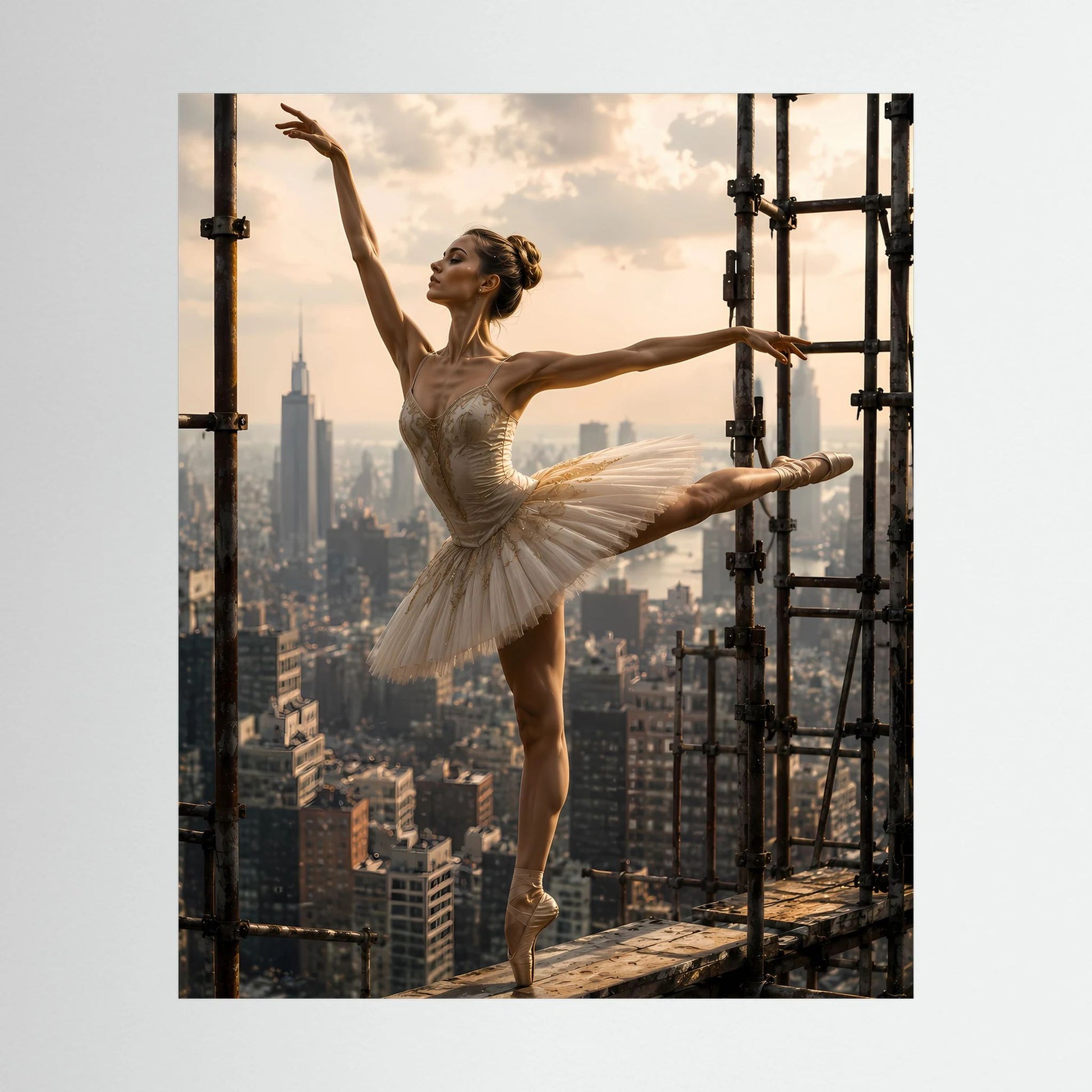 Poster im Hochformat mit Ballerina im Tutu auf Plattform vor Skyline und Gerüst