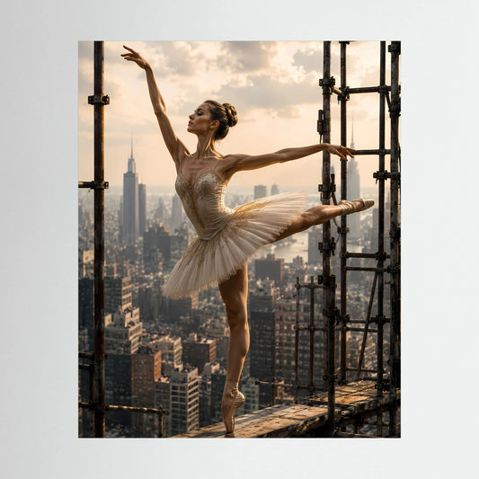 Poster im Hochformat mit Ballerina im Tutu auf Plattform vor Skyline und Gerüst