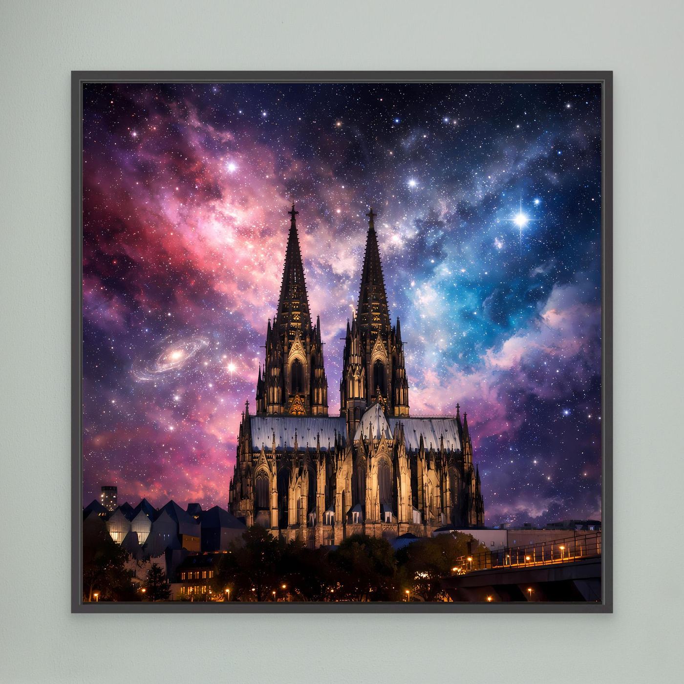 Leinwand Kosmischer Kölner Dom bei Nacht | Abstraktes Galaxie Wandbild