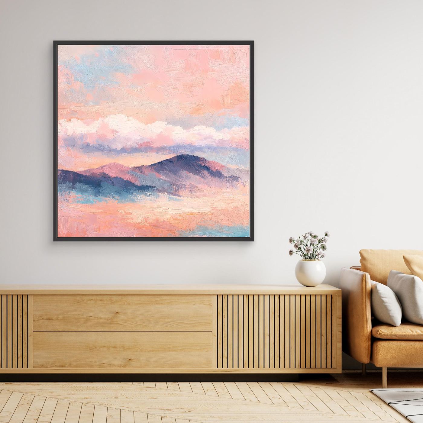 Gerahmtes Leinwand-Wandbild mit pastellfarbenen Bergen und Himmel im Sonnenuntergang, schwarz gerahmt