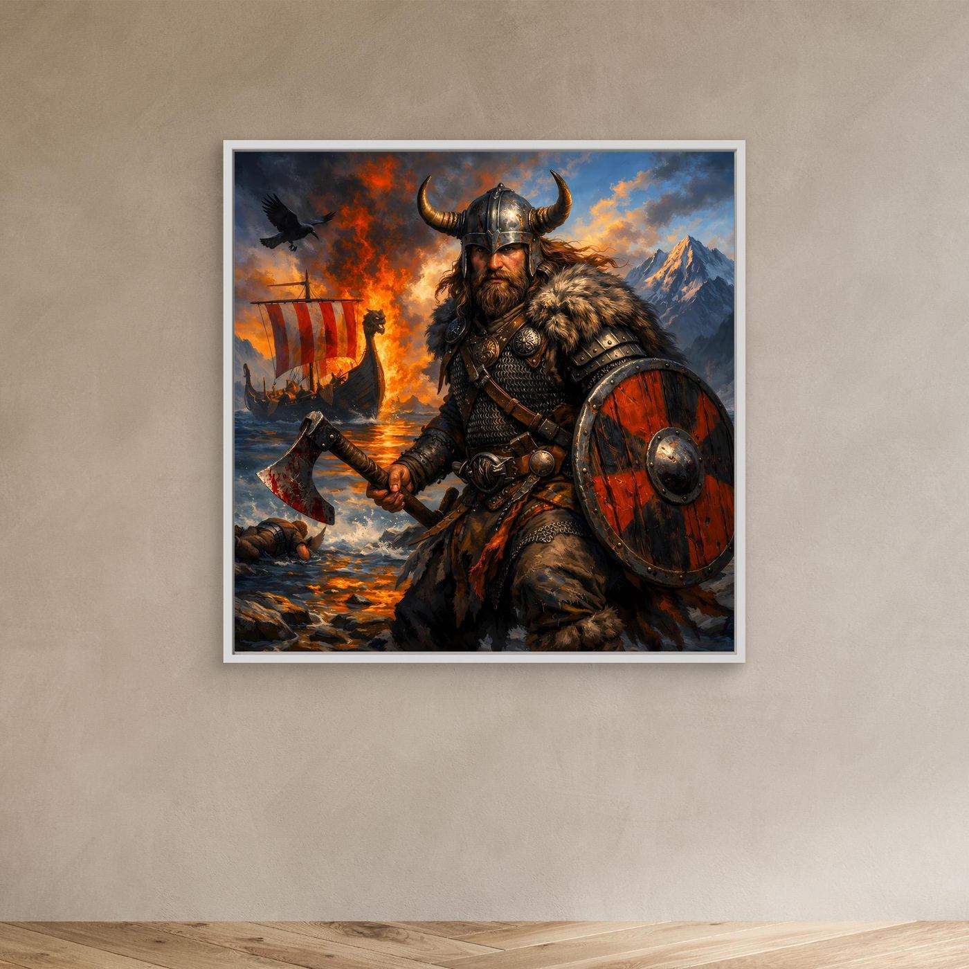 Leinwand Epischer Wikinger-Krieger an der Küste | Modernes Nordisches Wandbild