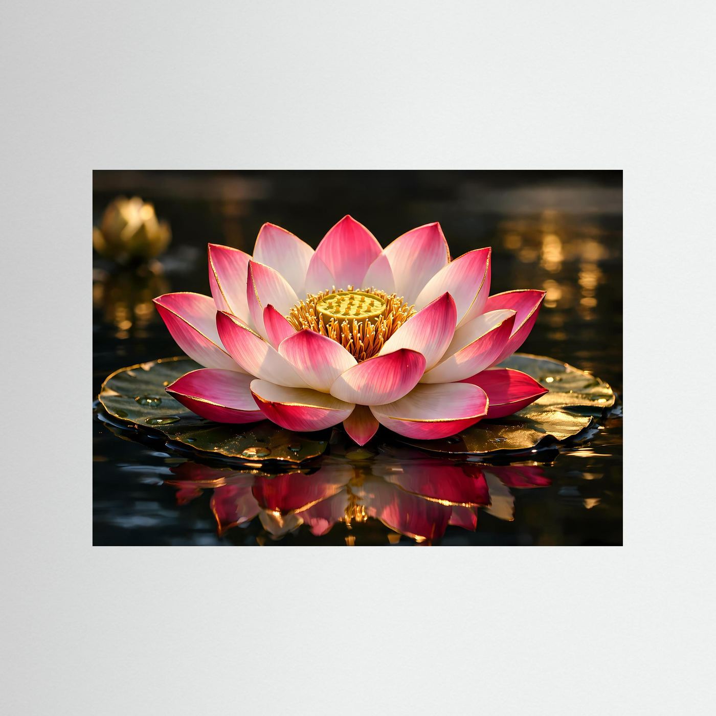 Poster mit Lotusblüte im Spiegelwasser: rosa-weiße Blütenblätter, goldener Blütenkern, schwarzer Rahmen