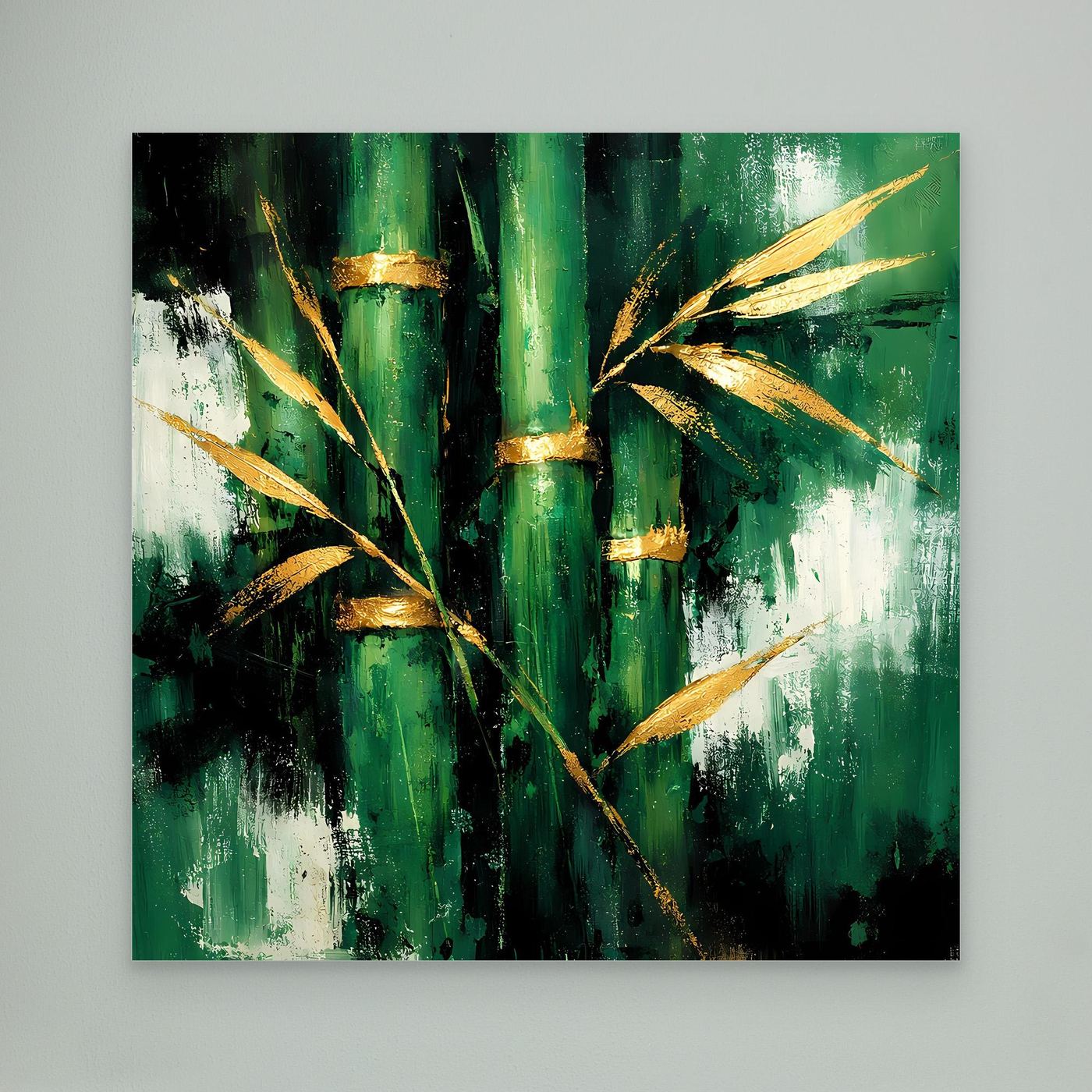Leinwand Abstraktes Bambus Gemälde in Grün und Gold | Modernes Natur Wandbild