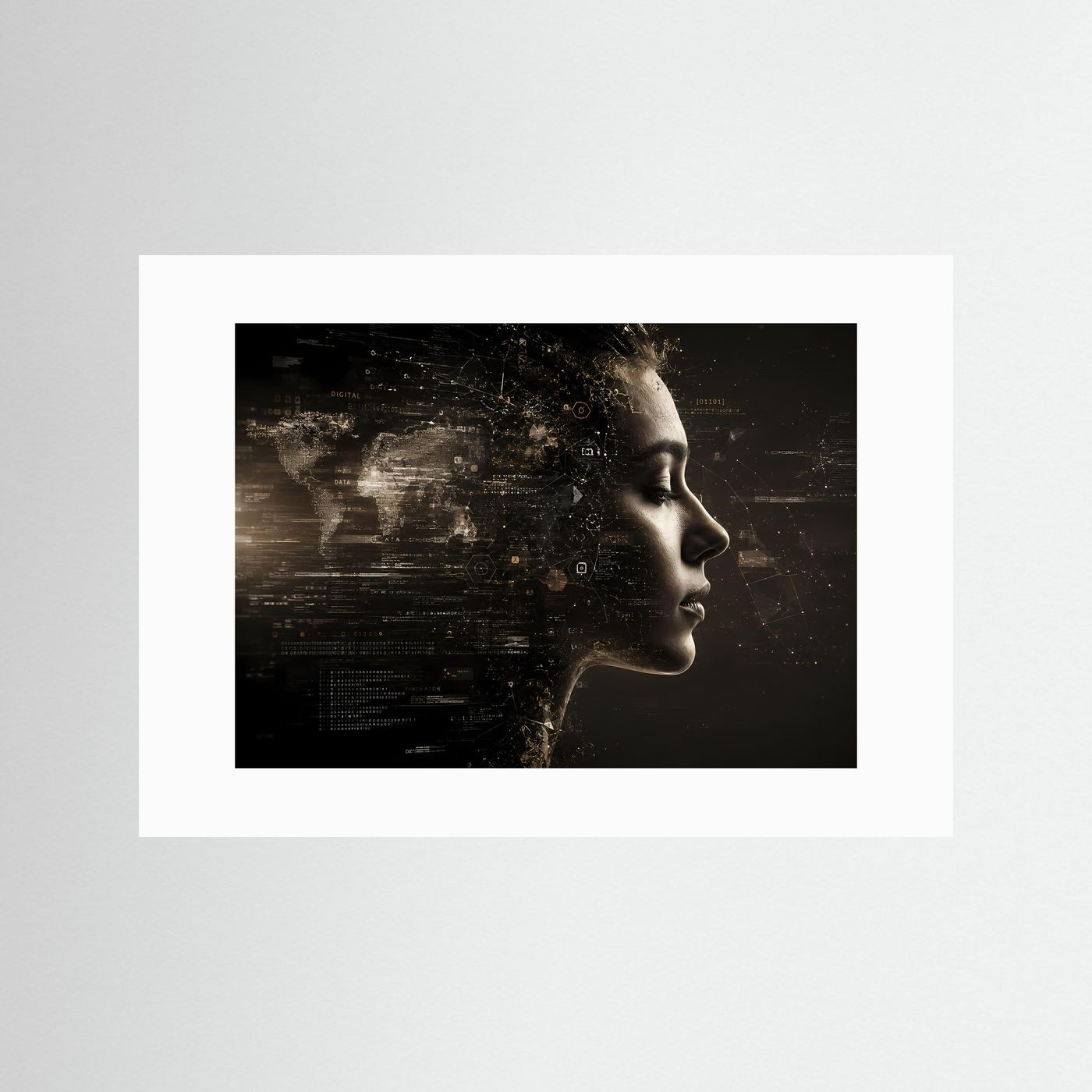 Querformat-Poster mit Frauenprofil in Schwarz und Gold, weißes Passepartout