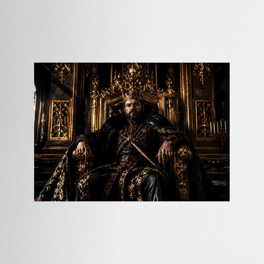 Barock-Poster mit König im dunklen Gewand, Krone und goldenem Thron
