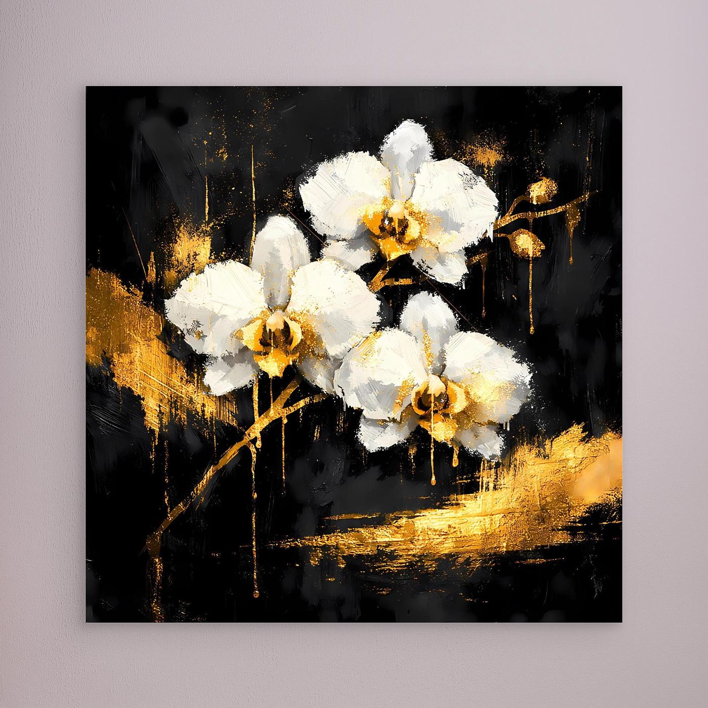 Leinwand Elegante Orchideen in Gold und Schwarz | Modernes Florales Luxus Wandbild