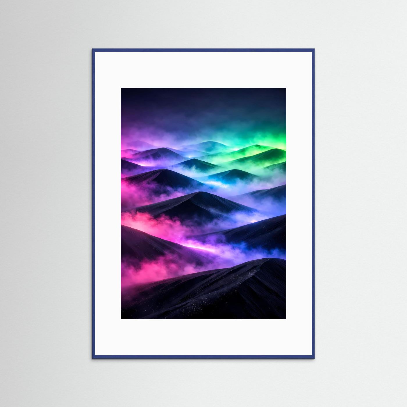 Poster im Hochformat: Neon-Landschaft, blauer Holzrahmen, weißes Passepartout