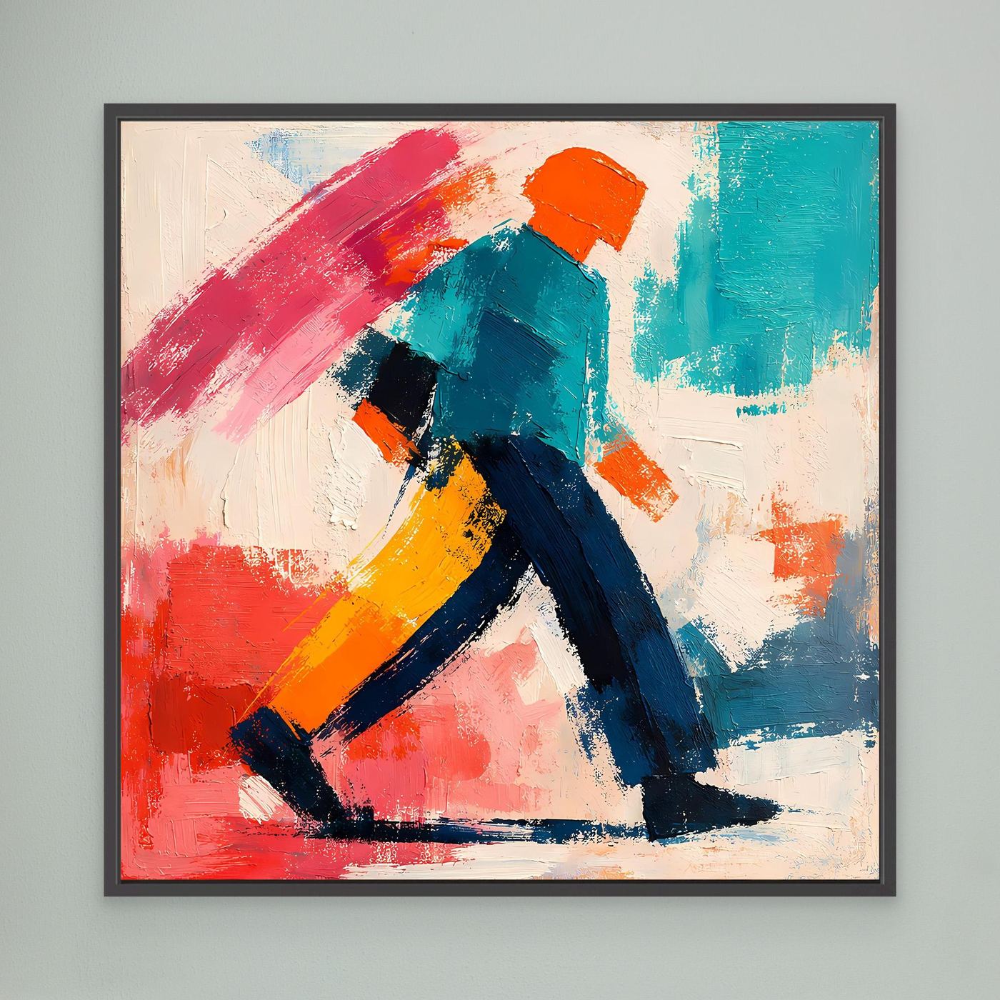 Abstract pop art wall canvas with walker figure, black frame, red, teal, navy paint strokes.