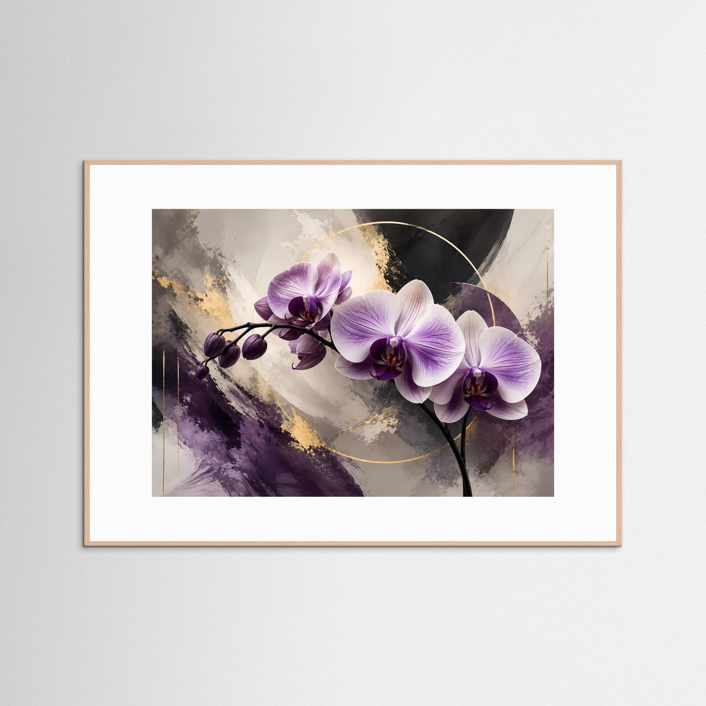 Elegante Orchideen in Violett & Gold | Abstrakte Blumen & Natur Poster Querformat