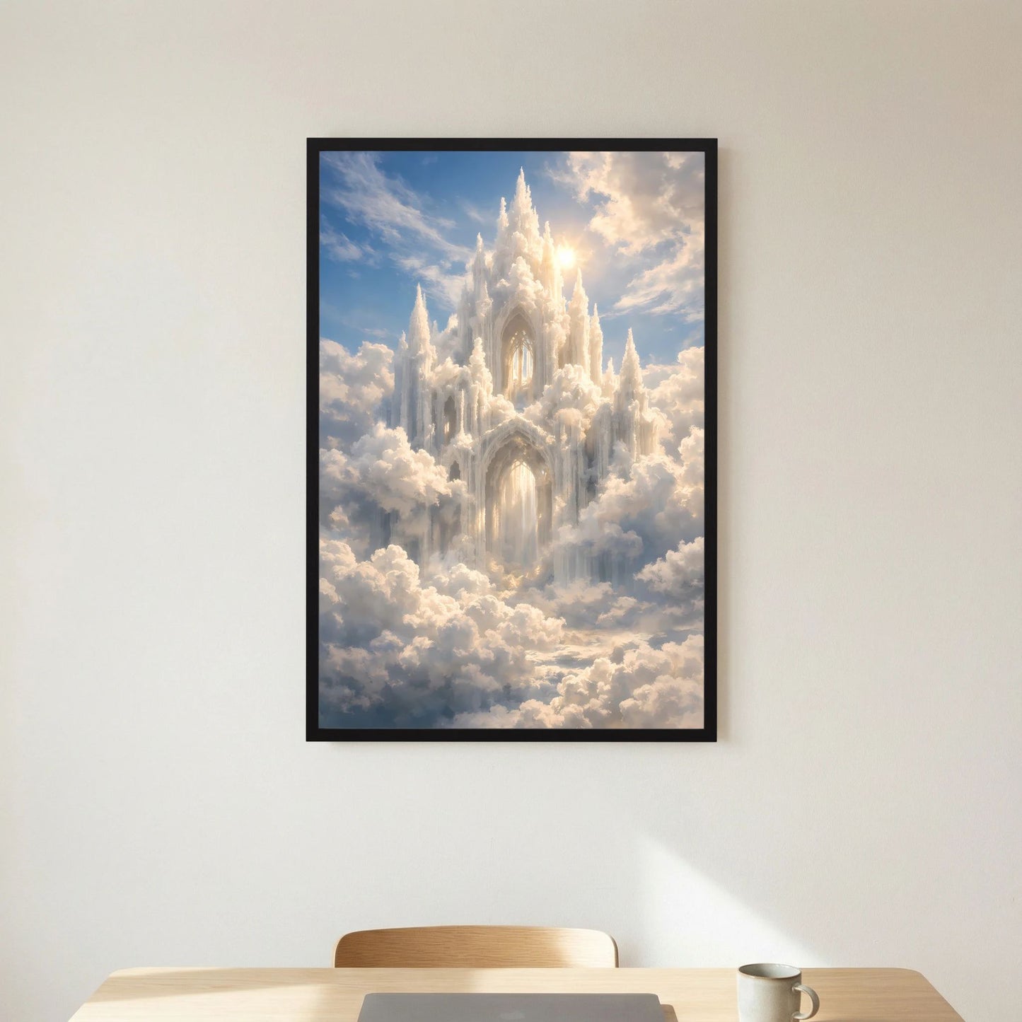 Hochformatposter mit schwebendem Schloss in Wolken, schwarzer Holzrahmen