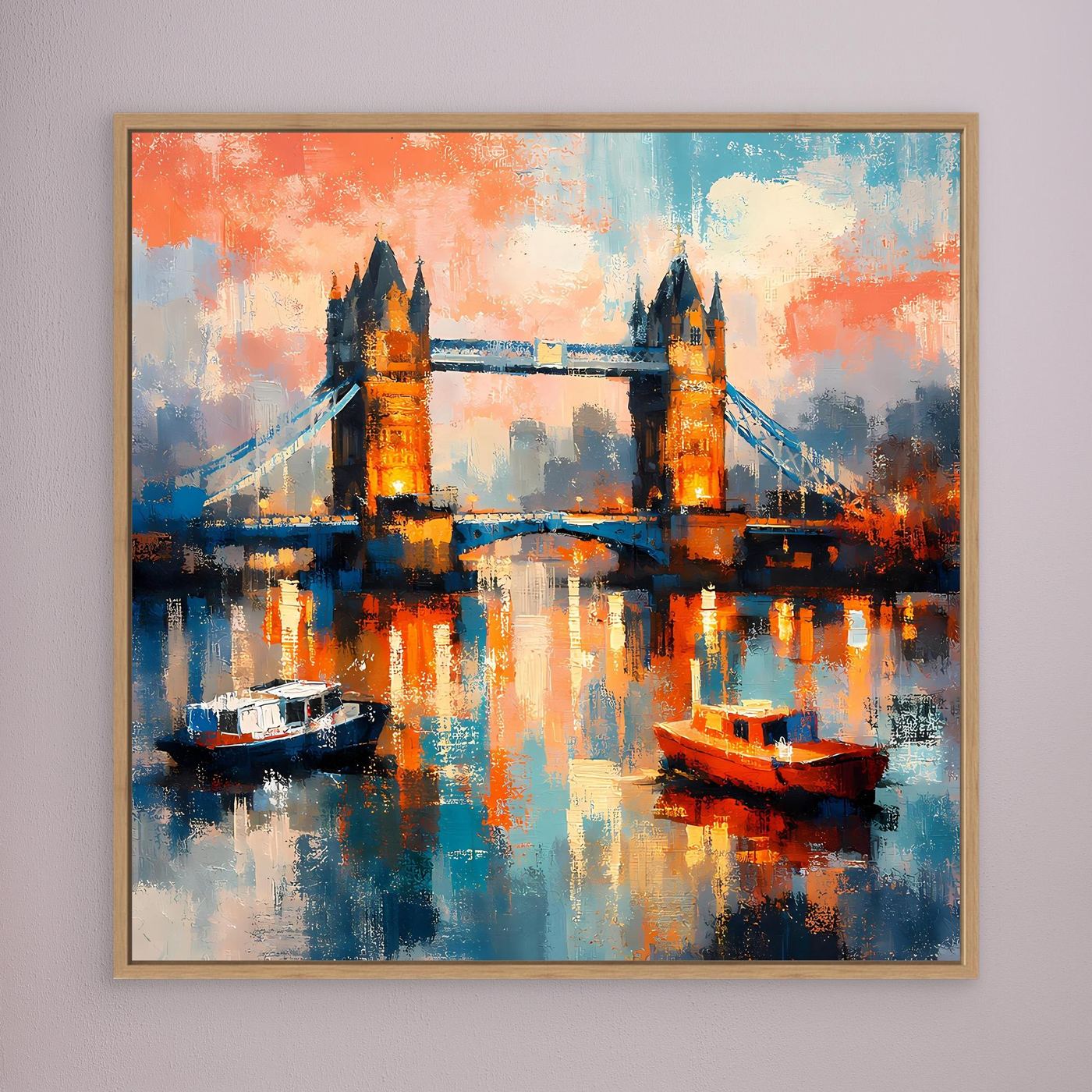 Abstraktes Leinwand-Wandbild mit Tower Bridge-Spiegelung, brauner Holzrahmen