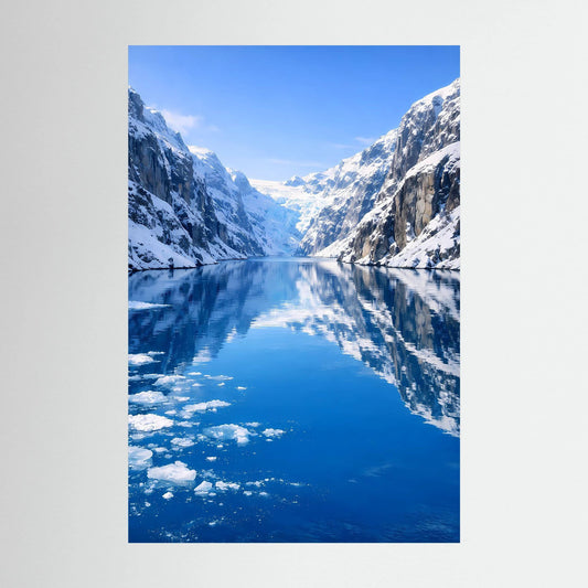 Vertikales Wandbild mit blauem Fjord und spiegelndem Gletschereis, Hochformat