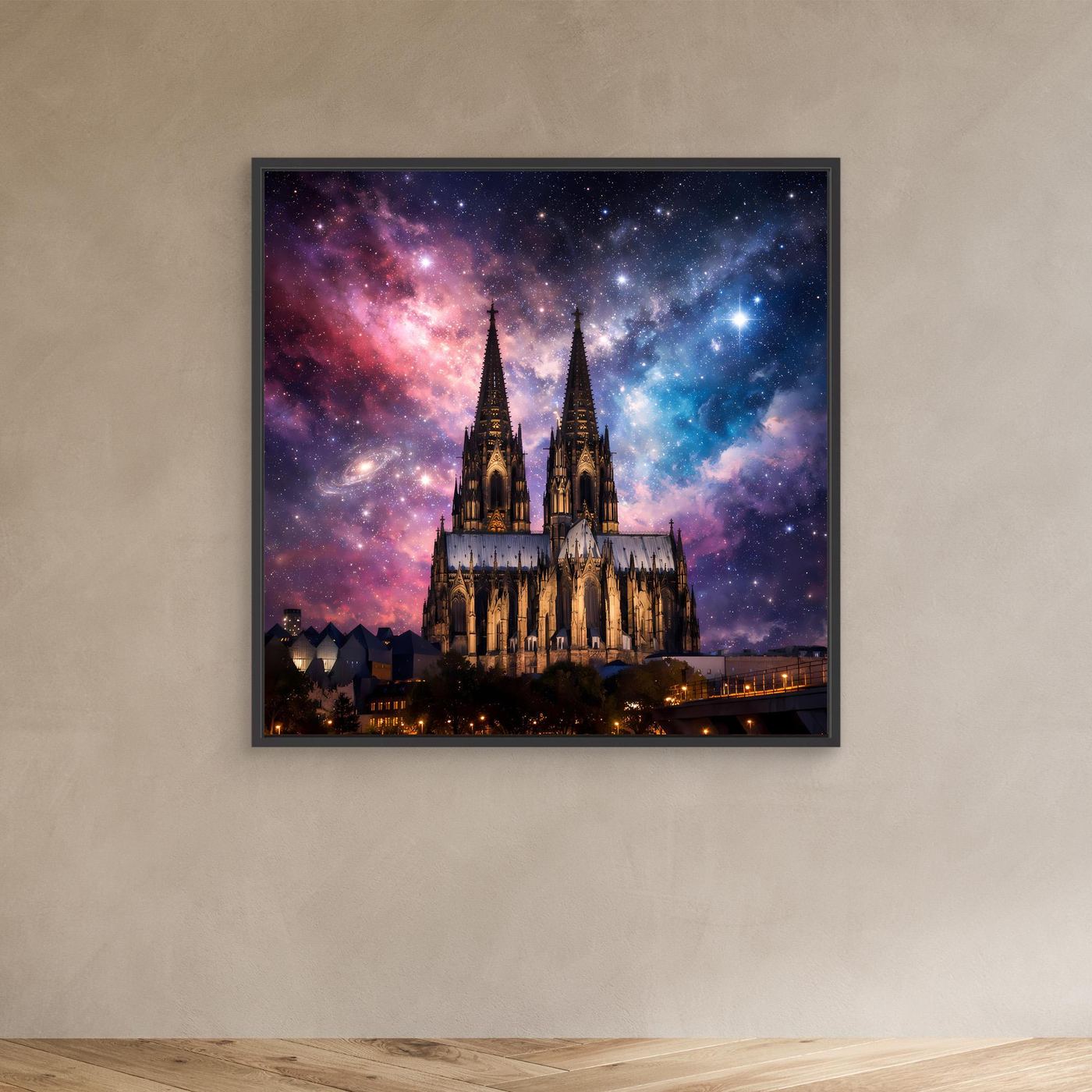 Leinwand Kosmischer Kölner Dom bei Nacht | Abstraktes Galaxie Wandbild