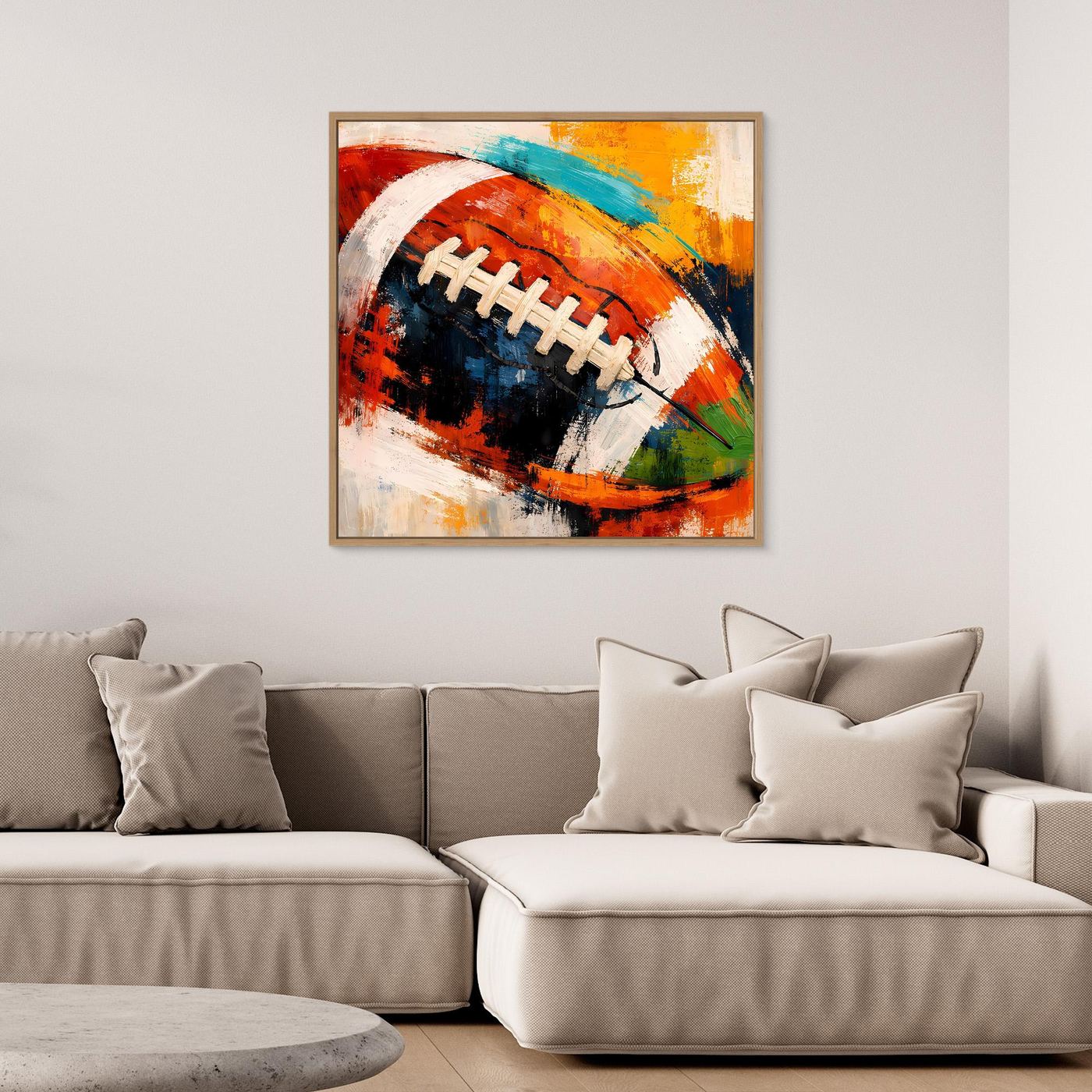 Leinwandbild mit abstraktem American-Football in Rot, Blau, Gelb im Holzrahmen