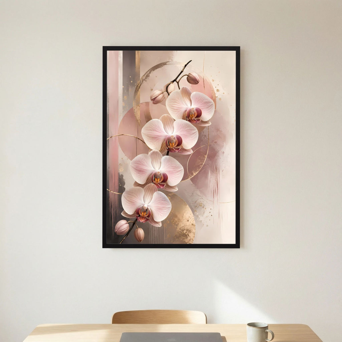 Gerahmtes Orchideen-Poster mit roséfarbenen Blüten und Goldakzenten