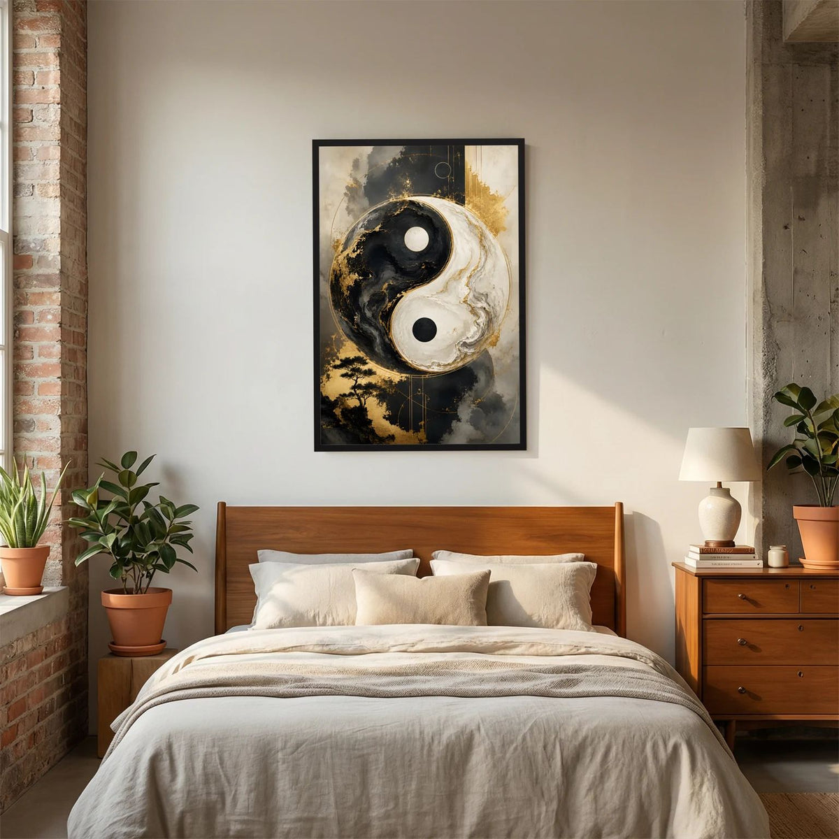 Wandbild im Hochformat mit Yin-Yang-Motiv in Schwarz, Weiß und Gold, schwarzer Rahmen