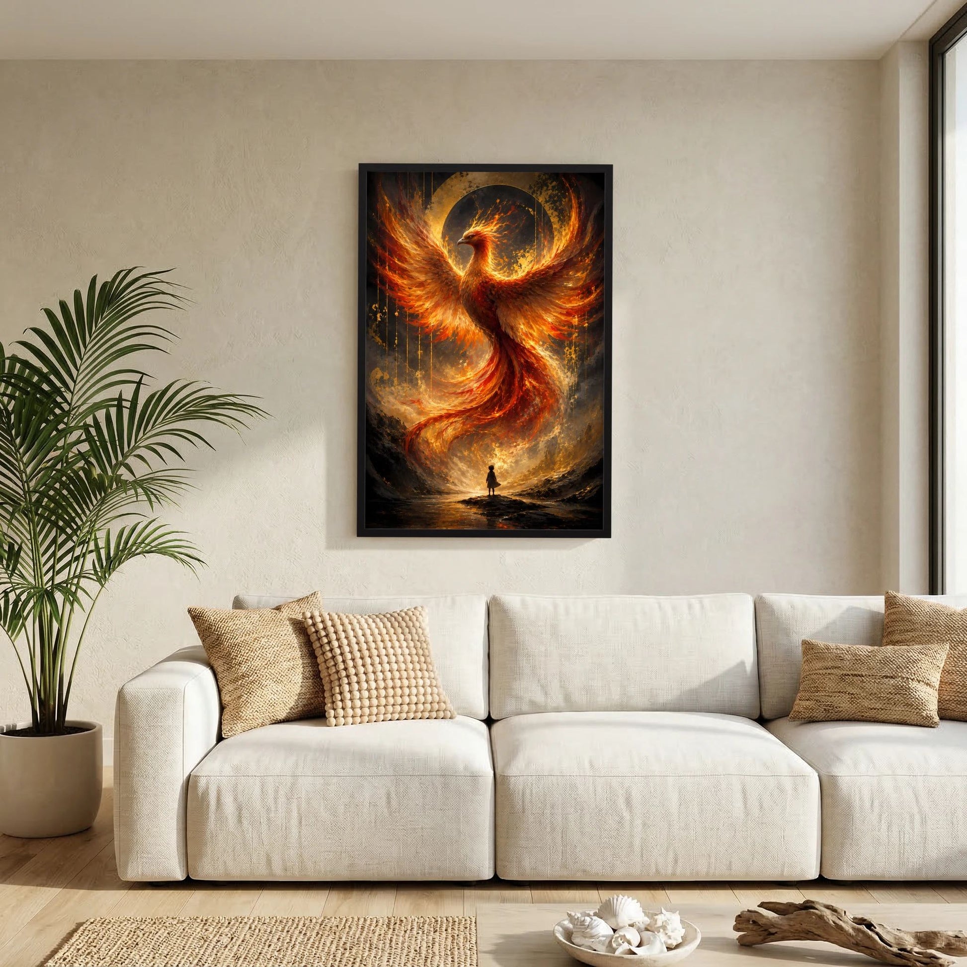 Hochformatiges Poster mit gold-orange Phönix aus Feuer, schwarz gerahmt