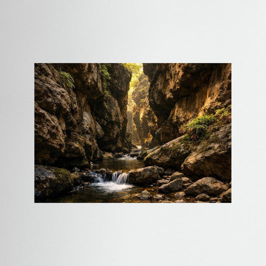 Querformat-Poster mit Felsenschlucht, fließendem Bach und Sonnenstrahlen, ohne Rahmen sichtbar.