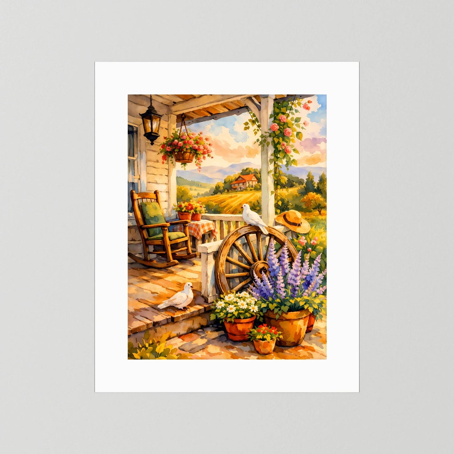 Kunstposter ohne Rahmen: Veranda mit Blumenampeln, Holzrad und Tauben, weißer Rand