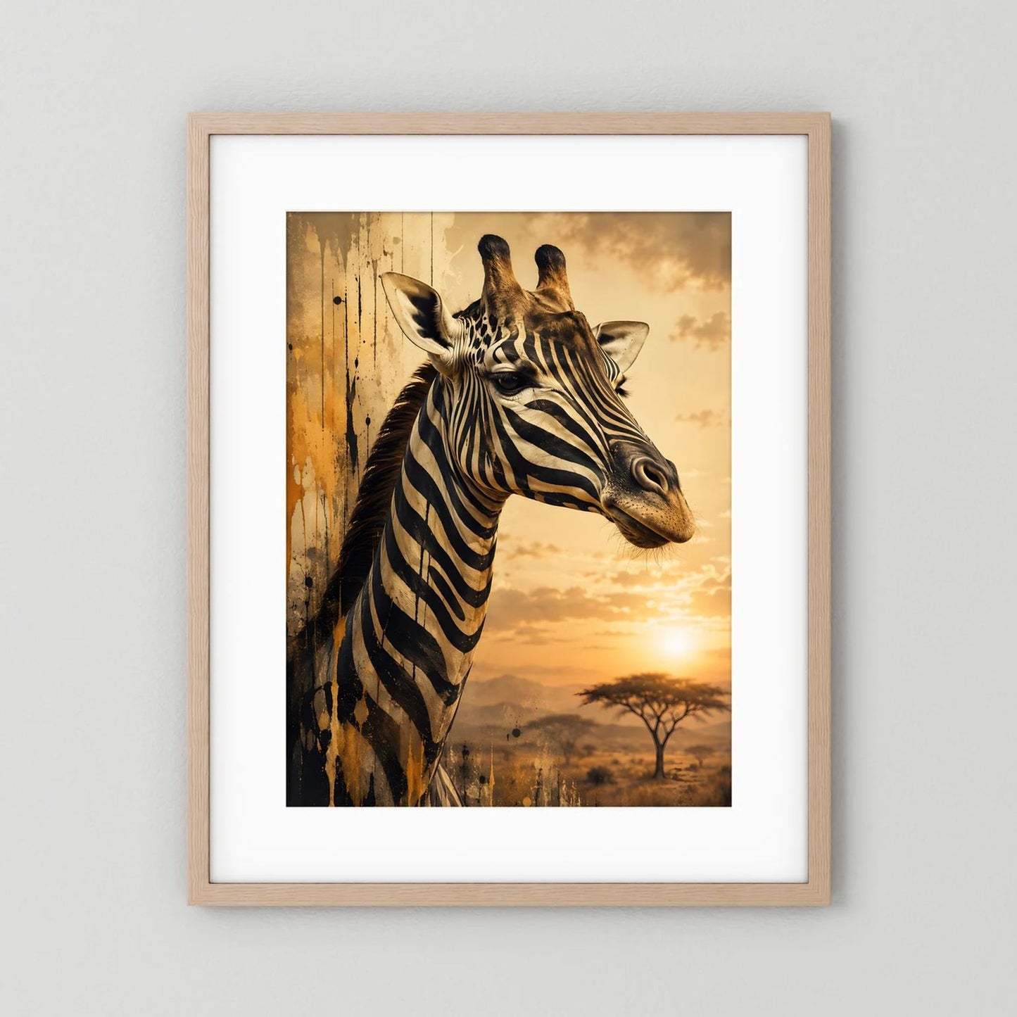 Tierposter im Hochformat: Giraffe im Zebra-Look, naturfarbener Holzrahmen mit weißem Rand
