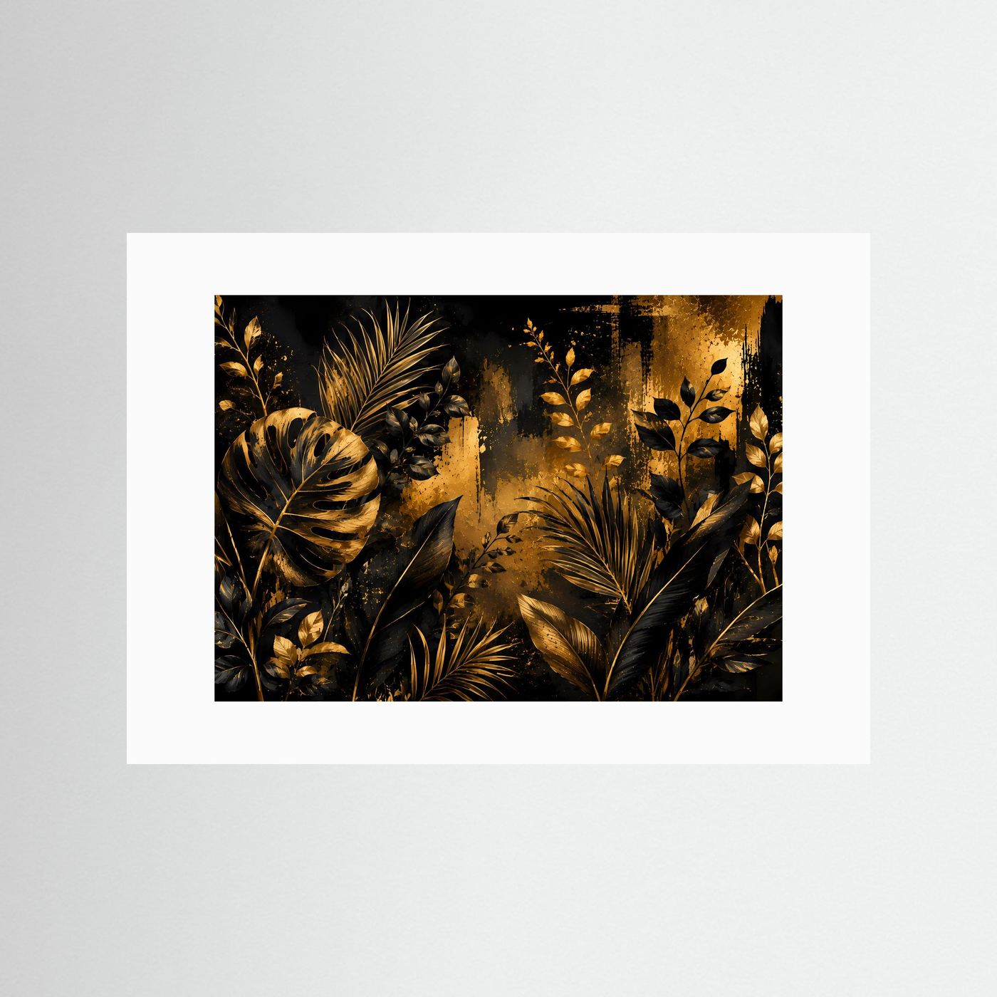 Botanisches Poster im Querformat mit weißem Passepartout: goldene Tropenblätter auf schwarz