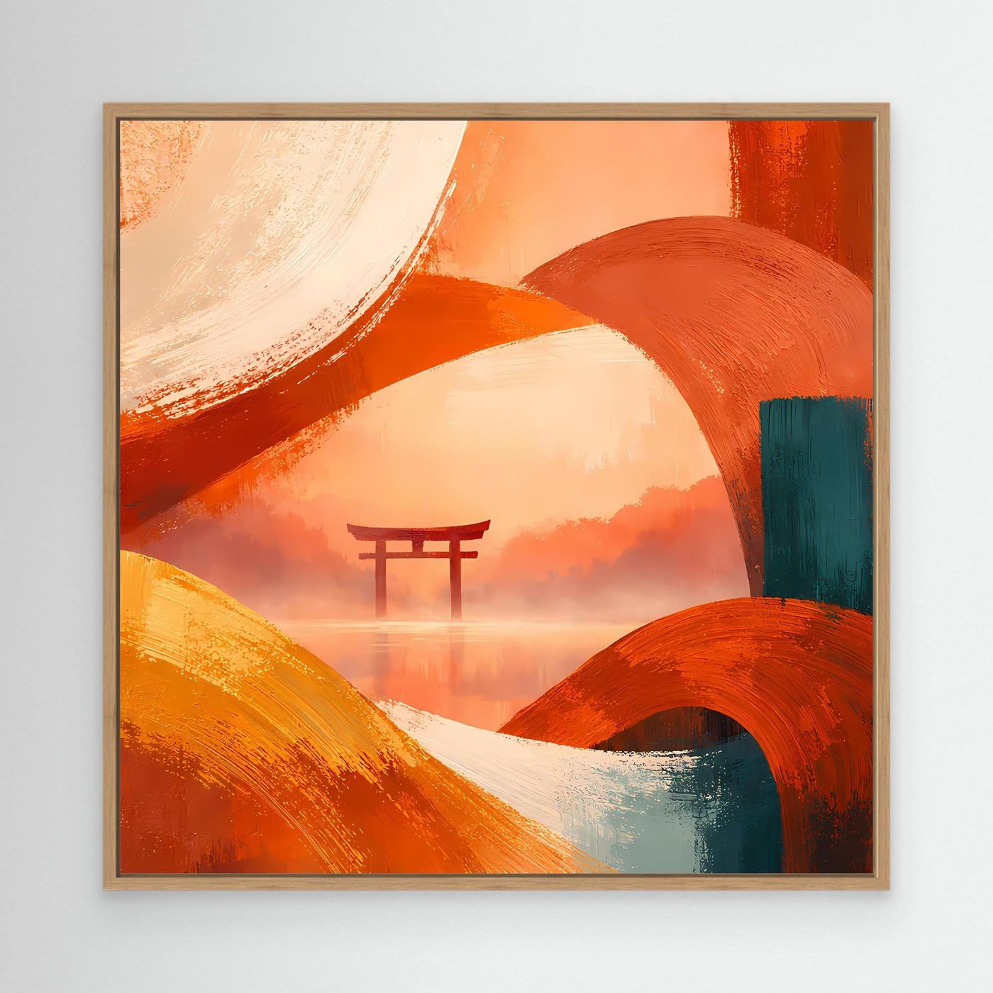 Leinwandbild mit abstraktem Torii-Tor in Orange, Türkis und Weiß, mit hellem Holzrahmen.