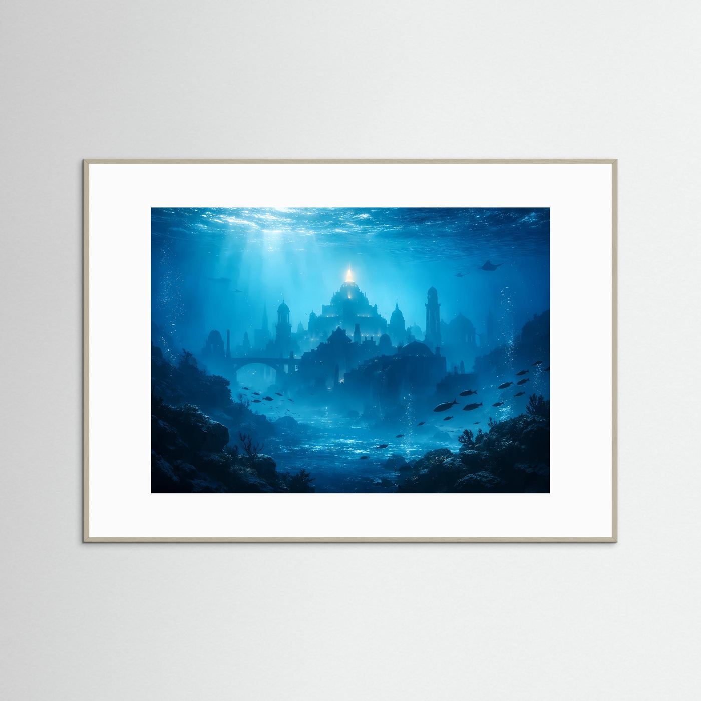Meerwelt-Poster im Querformat mit Unterwasserstadt in Blau, grauer Rahmen