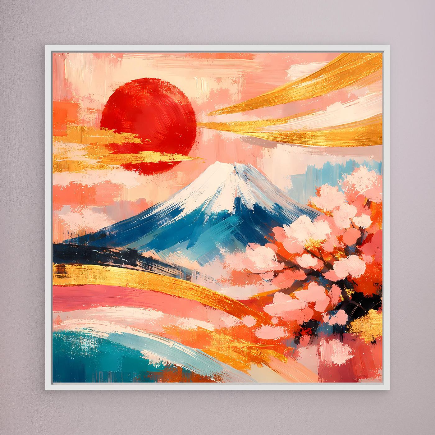 Leinwandbild vom Fuji mit Kirschtblüten, abstrakte Pinseloptik, weiß gerahmt
