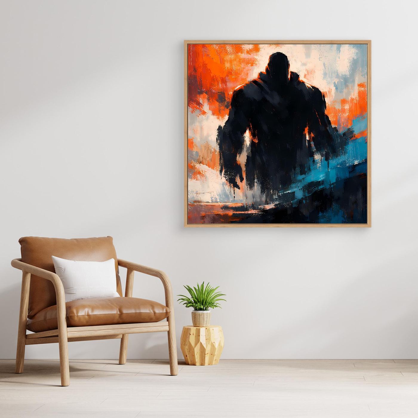 Abstraktes Leinwandbild: dunkle Gestalt mit Pinselstrichen in Orange- und Blautönen, goldener Rahmen
