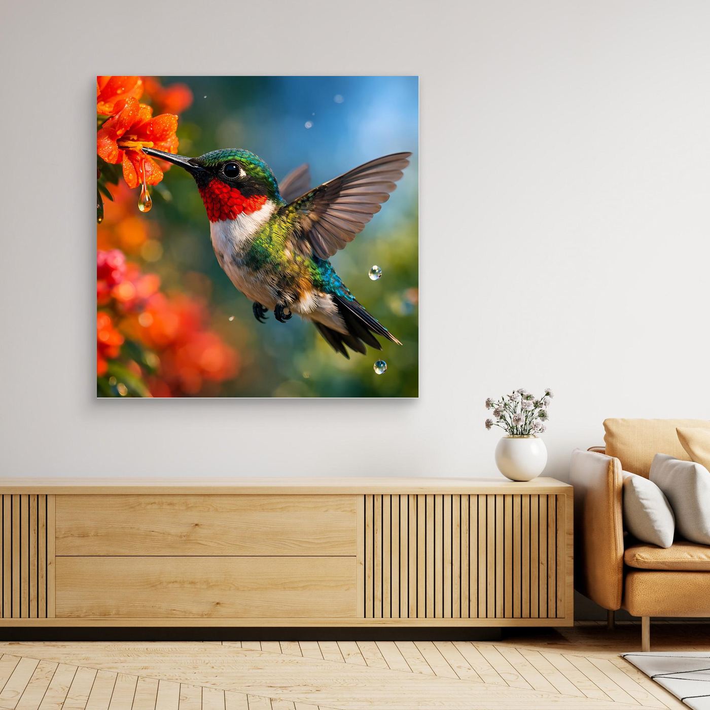 Leinwand Kolibri im Blütenrausch | Farbenfrohes Vogel Natur Wandbild