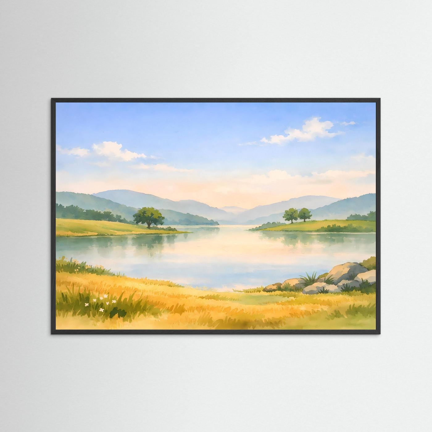 Natur-Poster im Aquarellstil im Querformat mit schwarzem Rahmen: See, Wiesen, Hügel