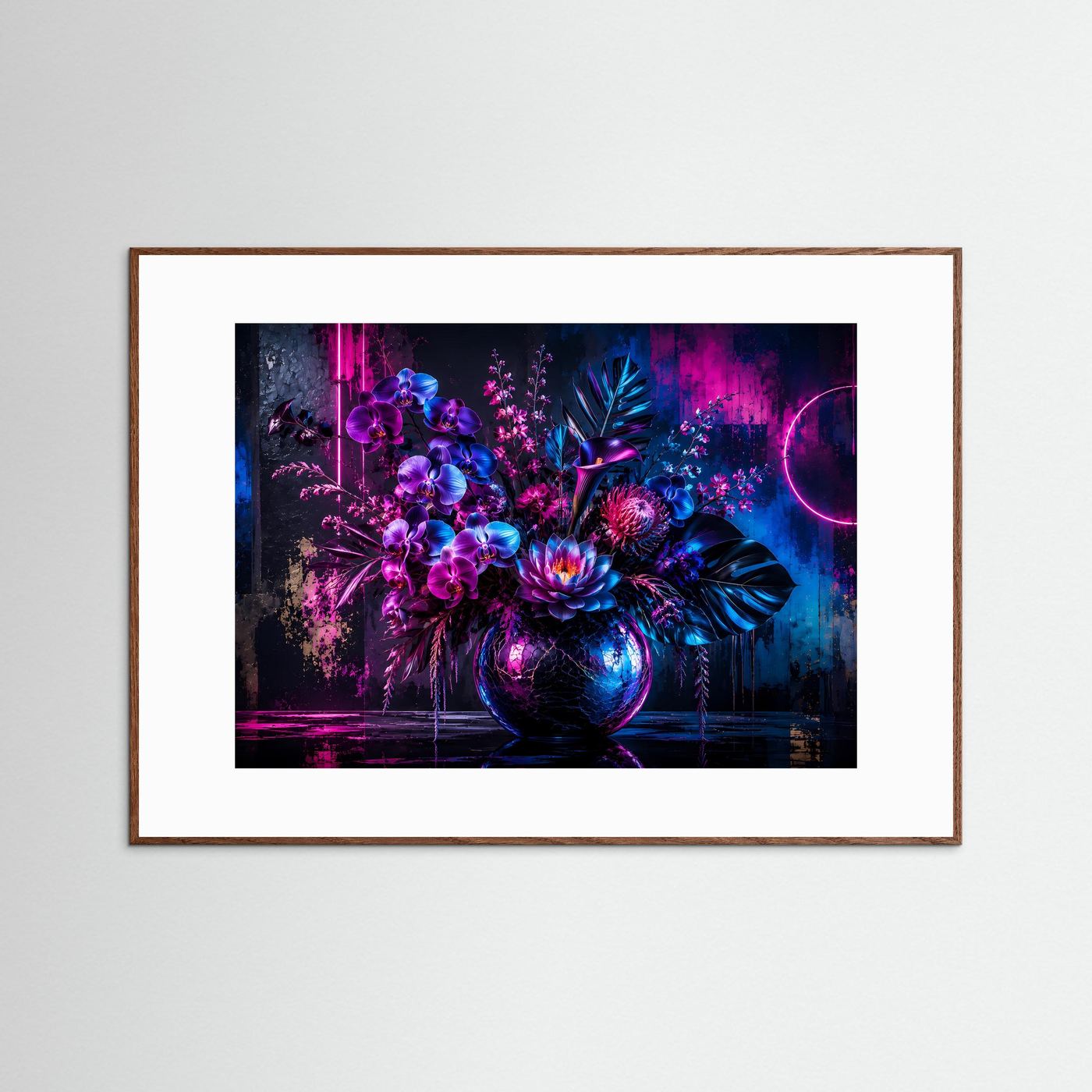 Neon Blumenstrauß Poster Querformat | Moderne Florale Wandkunst in Pink, Blau & Violett | Futuristisches Blumen Wandbild